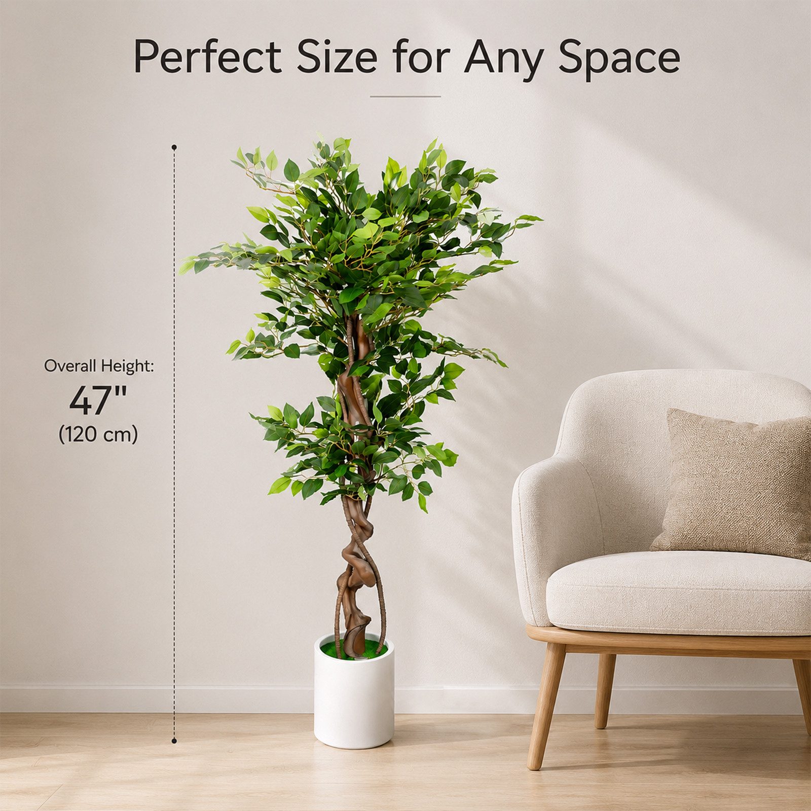 Kunstpflanze Künstlicher Banyanbaum Kunstpflanze mit Massivholzstamm, Topf, BlingBin, Höhe 120 cm, Kunstpflanze für Wohnzimmer Schlafzimmer Büro, Grün – Bild 2 von 5