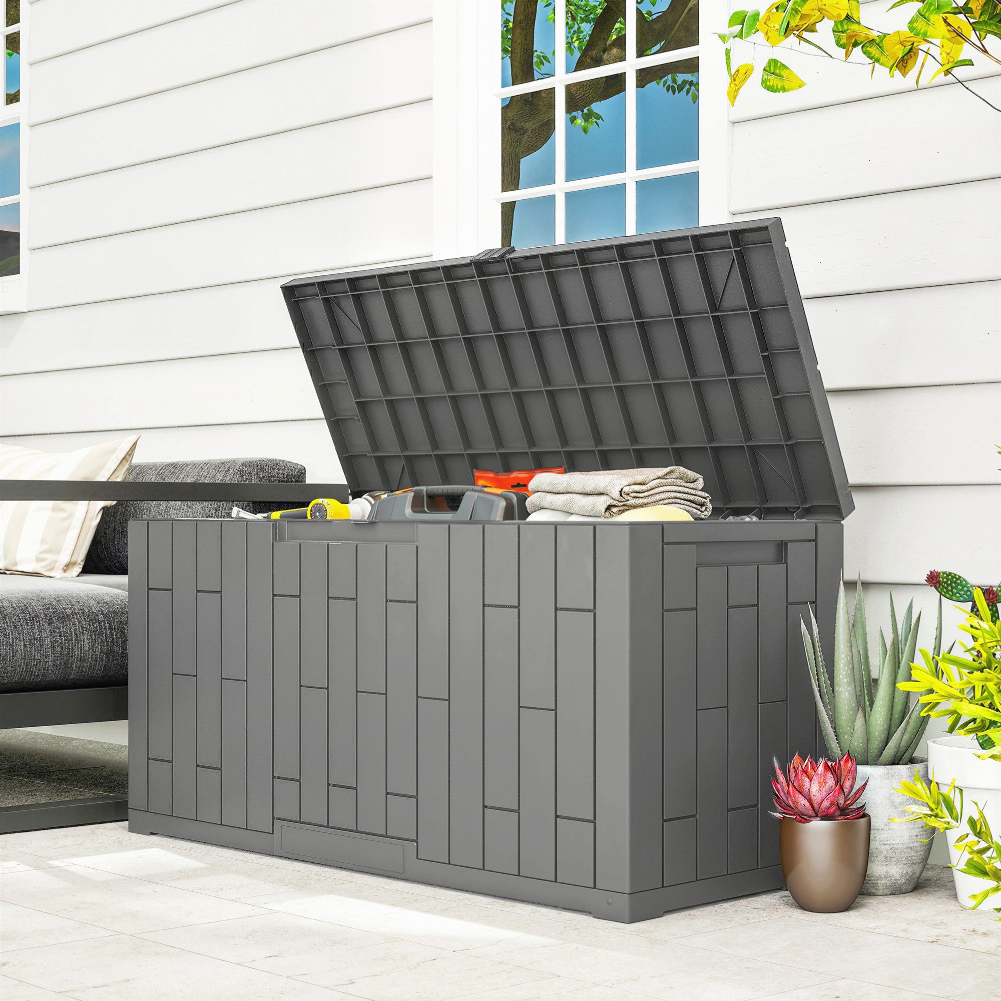 Outsunny Gartenbox UV-beständig Aufbewahrungsbox aus Kunststoff (Auflagenbox mit Holzoptik, 1 St., Wasserdicht Abschließbar Kissenbox), für Garten Balkon Terrasse 106,5 x 43 x 54,5 cm Grau