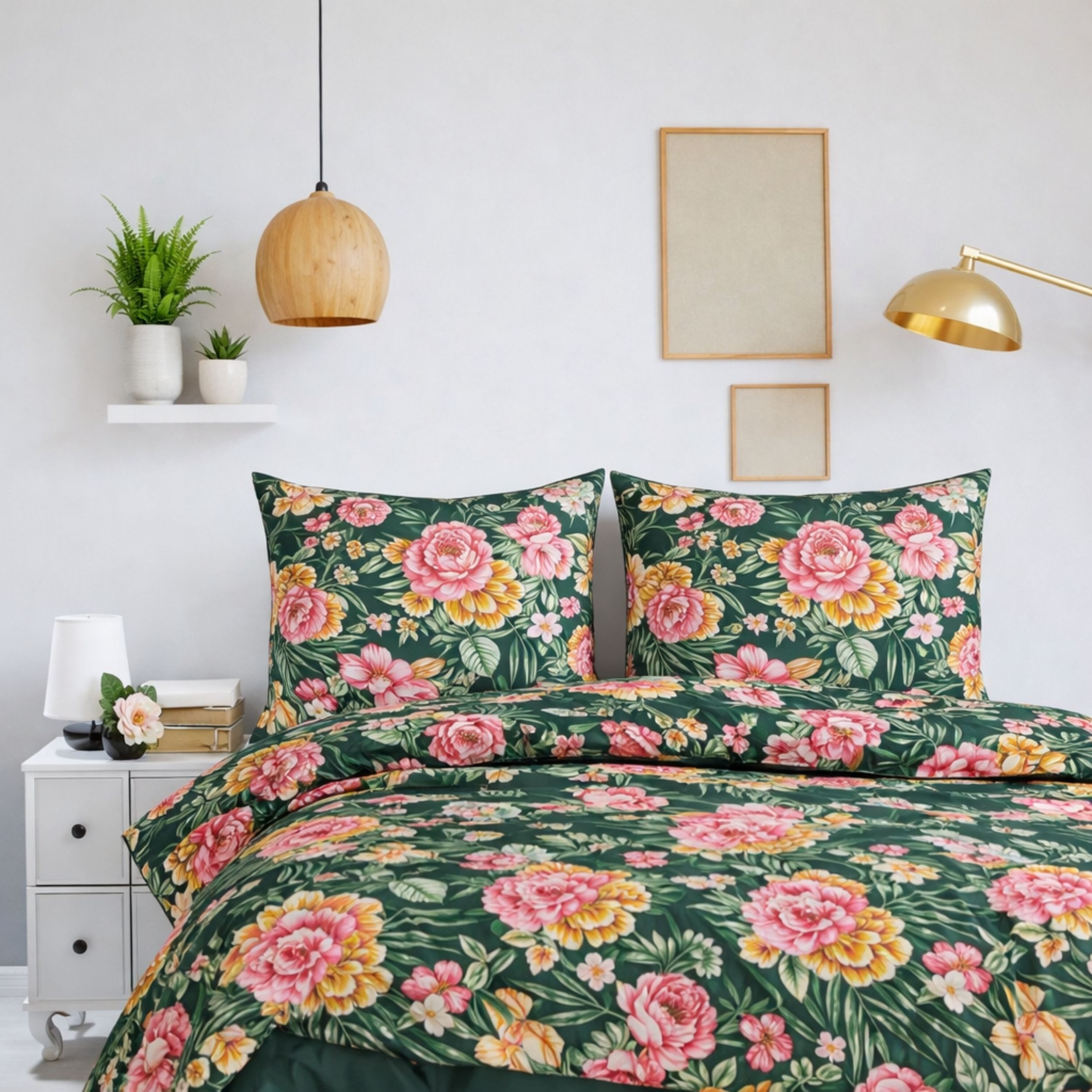 ZIRVEHOME Bettwäsche Baumwolle Bettwäsche-Set Dunkelgrün Florales Blumenmuster, Renforce, 2 teilig, Baumwolle Bettbezug Dunkelgrün mit Blumenmuster