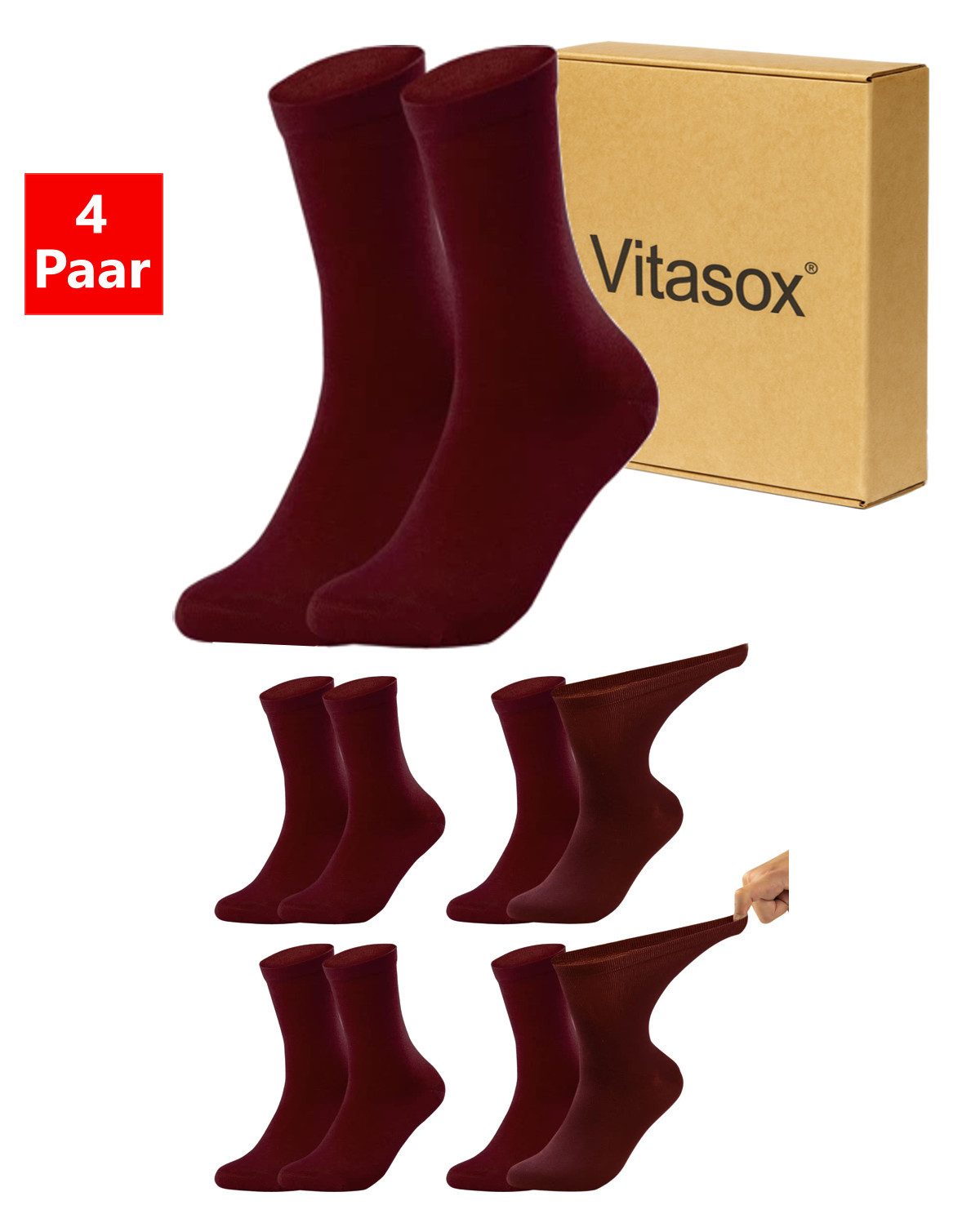 Vitasox Diabetikersocken für Damen - aus Baumwolle ohne Gummi, ohne Einschneiden und Abdrücken (4-Paar) mit weichem und dehnbarem Komfortbund