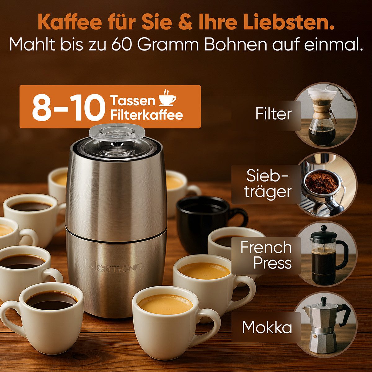 CLATRONIC Kaffeemühle KSW 3807, Kaffeemühle elektrisch, für 60g Kaffeebohnen