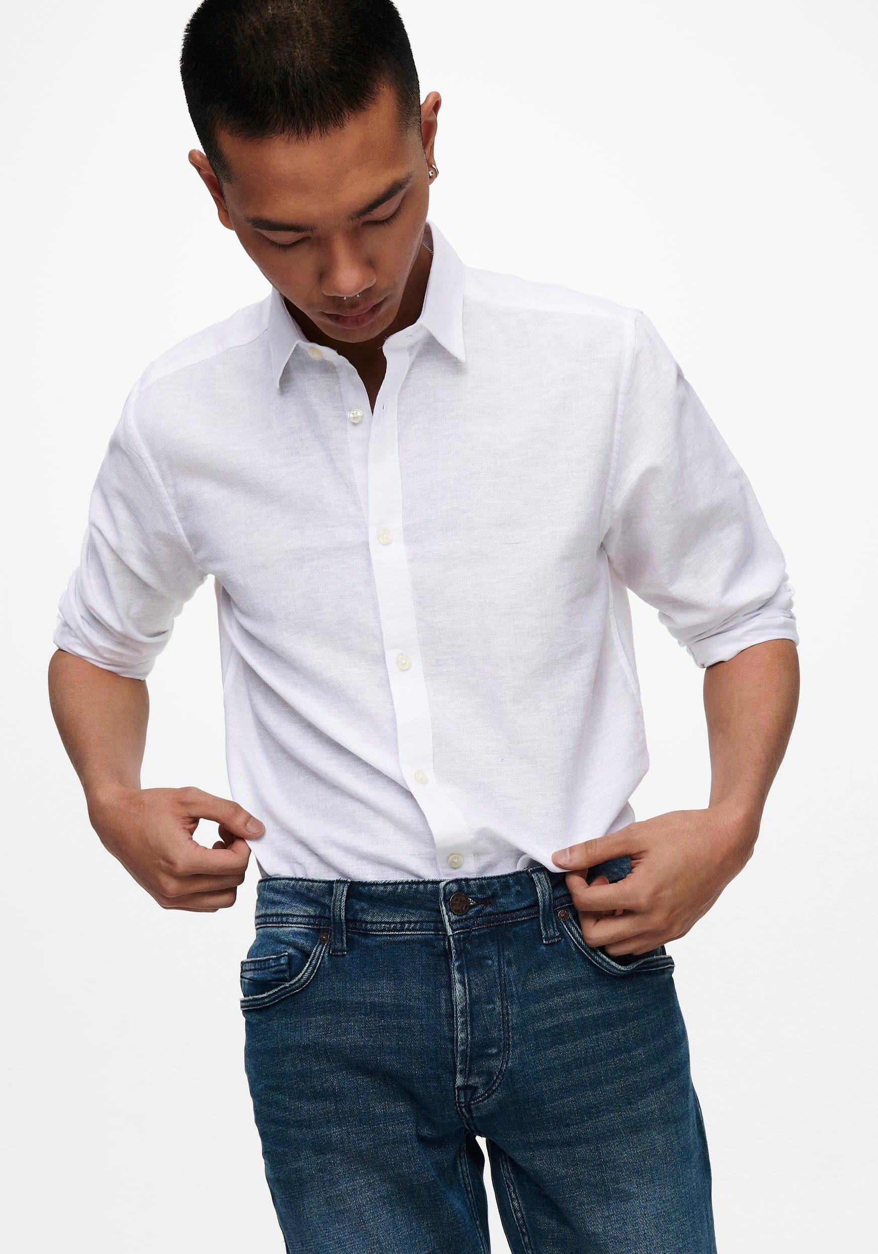 ONLY & SONS Langarmhemd ONSCAIDEN LS SOLID LINEN SHIRT NOOS Baumwollmischung mit Leinen, slim fit