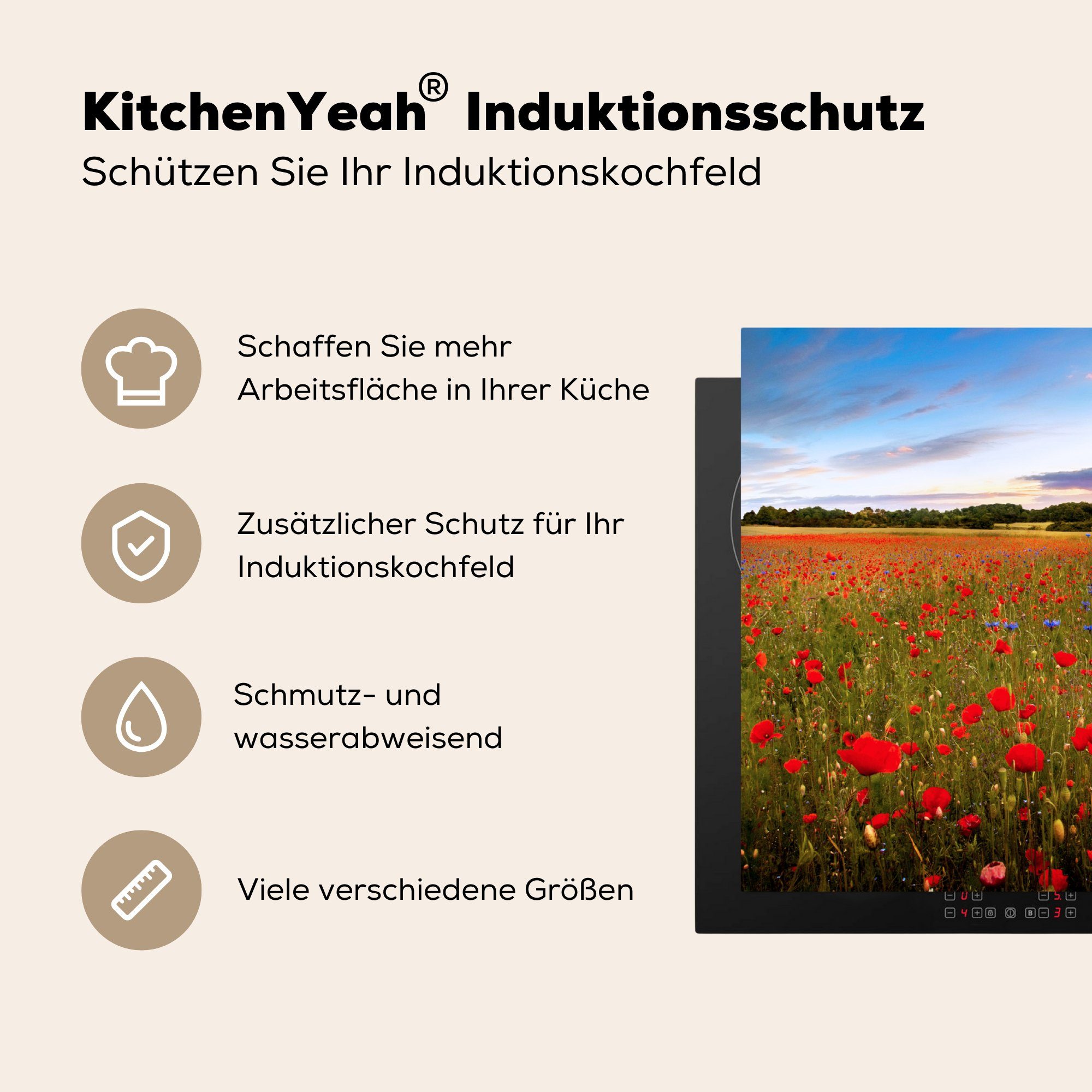MuchoWow Herdblende-/Abdeckplatte Blumenwiese 83x51 für - küche (1 Rot, Arbeitsplatte Ceranfeldabdeckung, - Mohnblumen tlg), Vinyl, cm