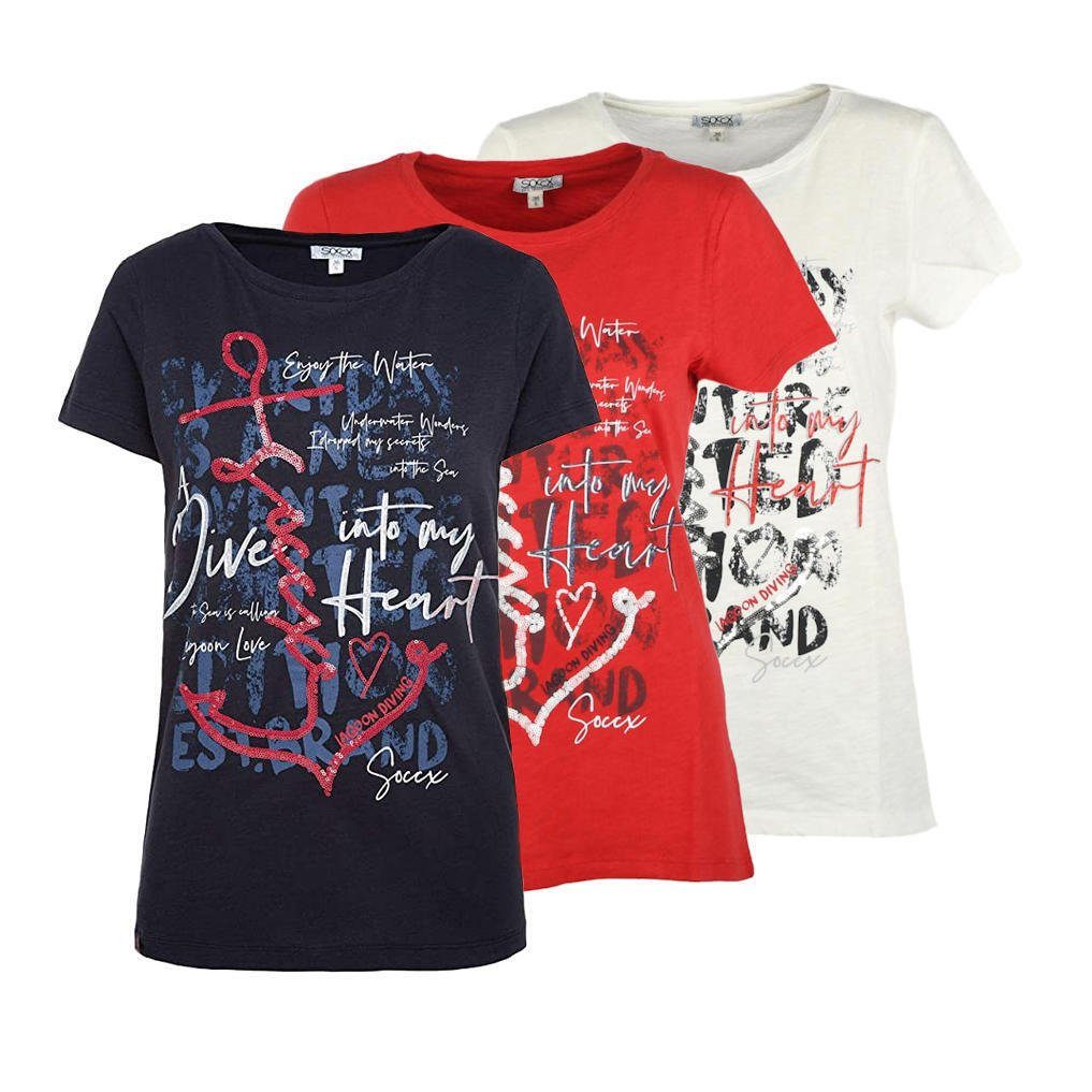 SOCCX T-Shirt Damen mit Pailletten-Artwork Lagoon Diving