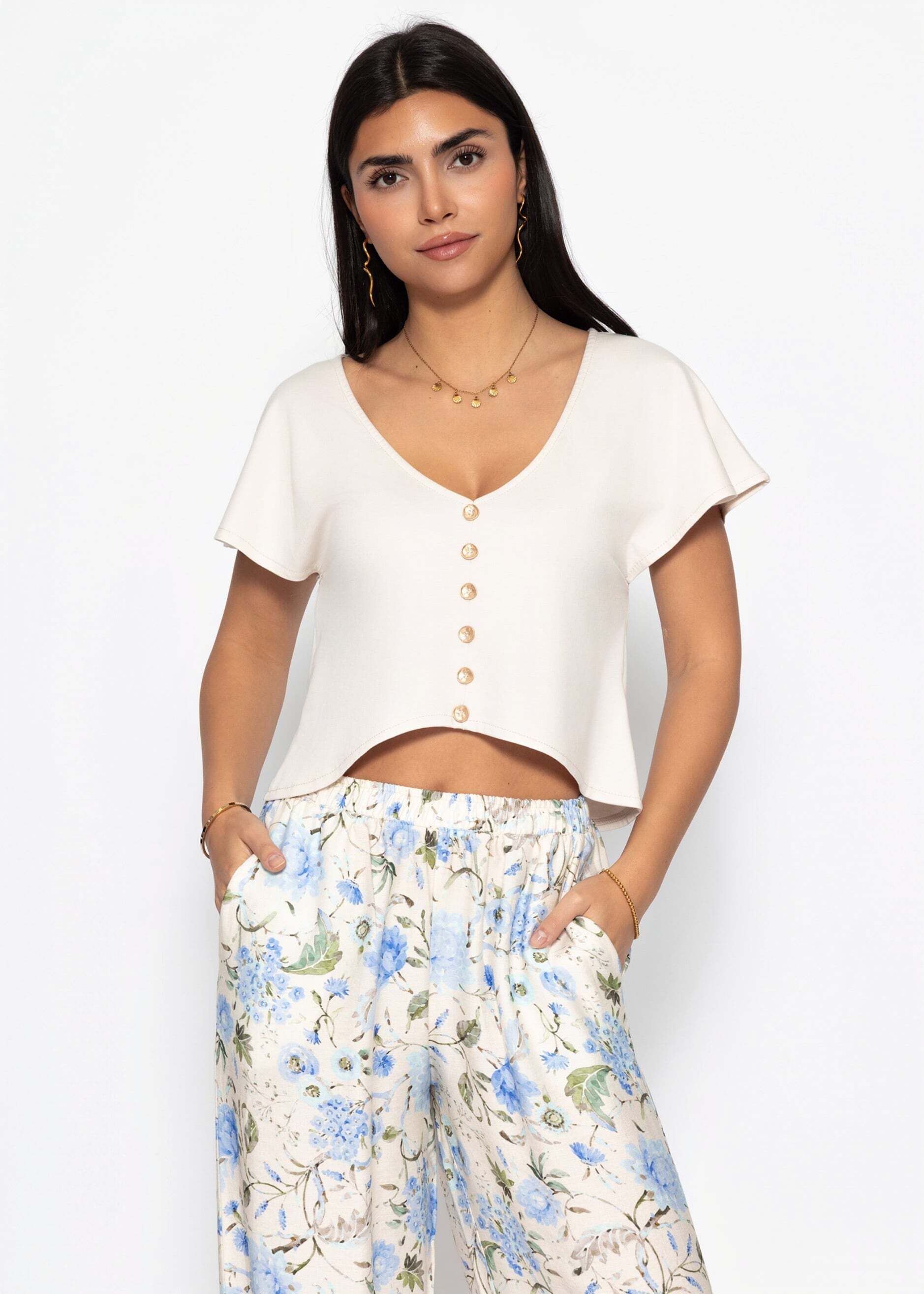 SASSYCLASSY Trägertop Crop Shirt mit Flügelärmel für Damen Schlichtes Top mit V-Ausschnitt und Knopfleiste in lockerer Optik