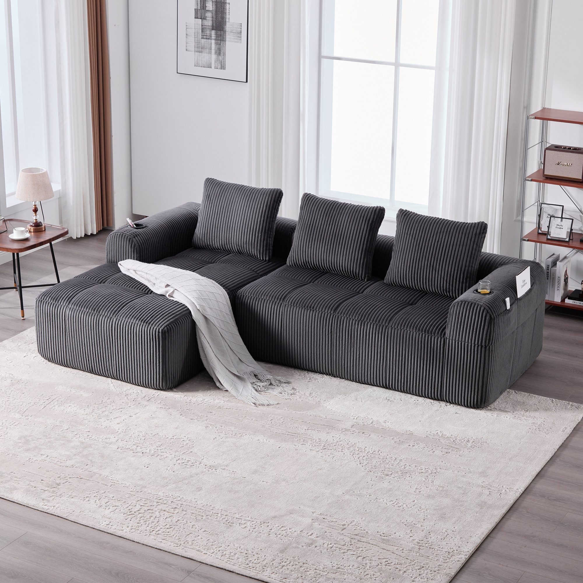 REDOM Sofa Loungesofa aus Cordstoff, mit Seitentasche und Getränkehalter, inklusive 3 Kissen, komfortables Sitzmöbel, modular