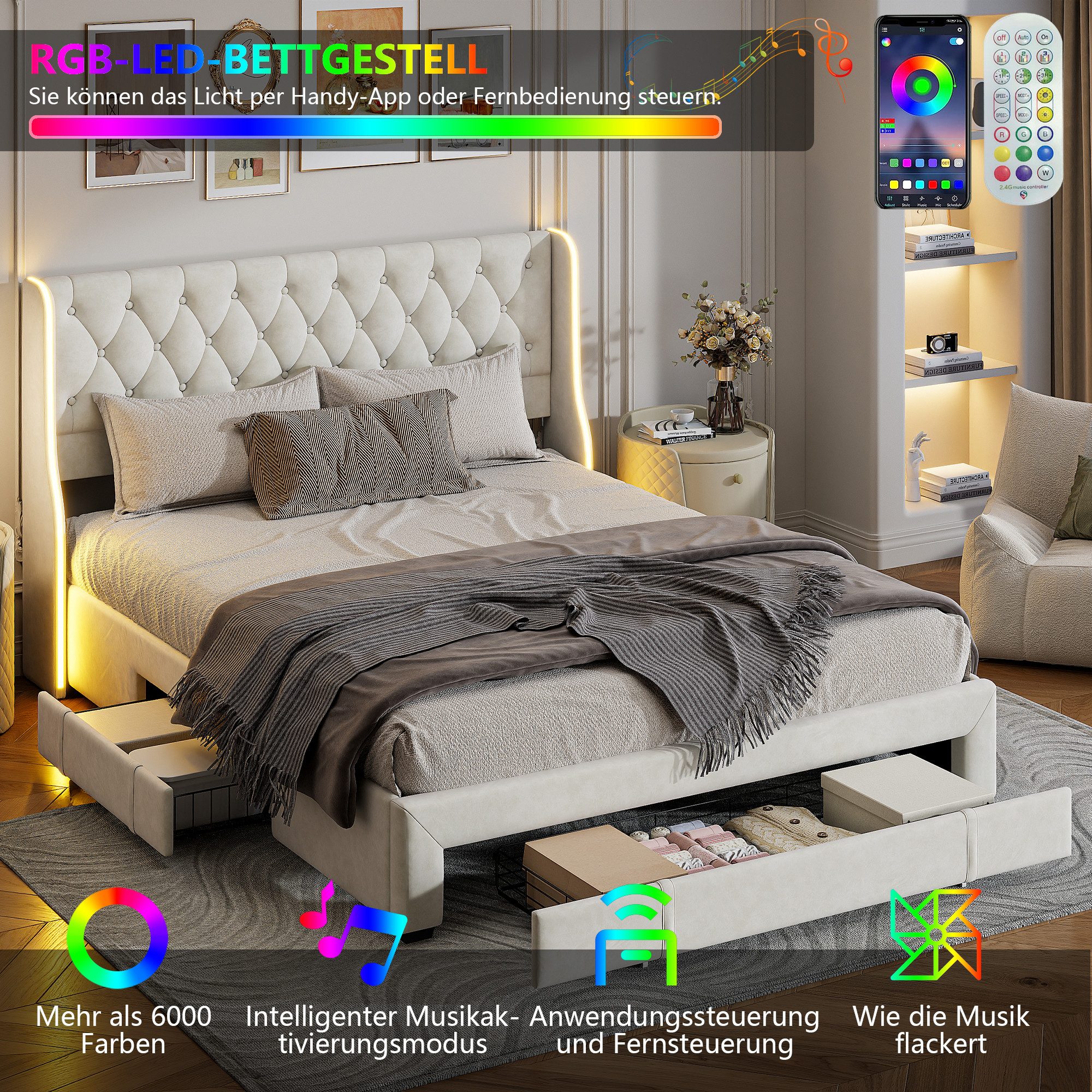 FUROKOY Polsterbett Doppelbett Stauraumbett mit 3 Schubladen Beige (Mit Kop günstig online kaufen