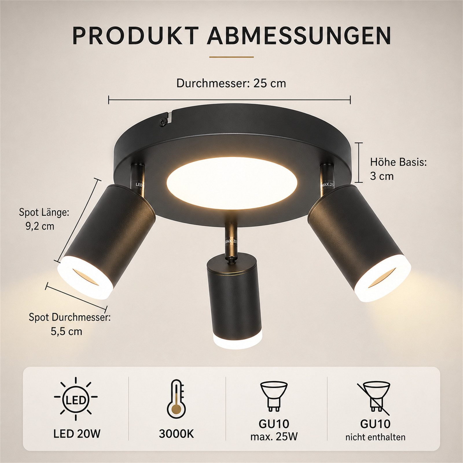 ZMH Deckenstrahler 3 Flammig Schwarz/Weiß GU10 Deckenlampe 20W 3000K für Flur und Küche, Warmweiß – Bild 2 von 5