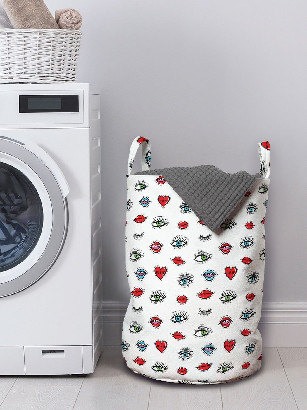 Abakuhaus Wäschesäckchen Wäschekorb mit Griffen für Augen-Herz-Lippen Waschsalons, emoji Schönheit Kordelzugverschluss