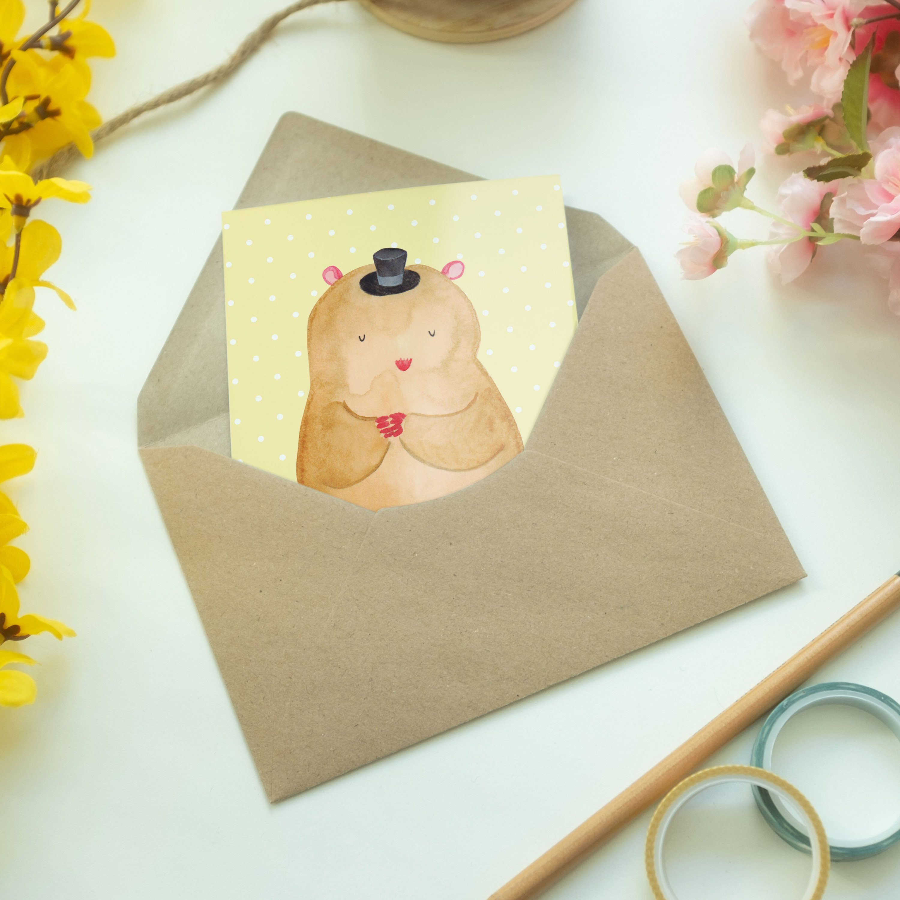 Tiermotive, Mrs. - Pastell & Grußkarte Geschenk, Panda Hut Gelb Magier, mit Hamster Karte Mr. -