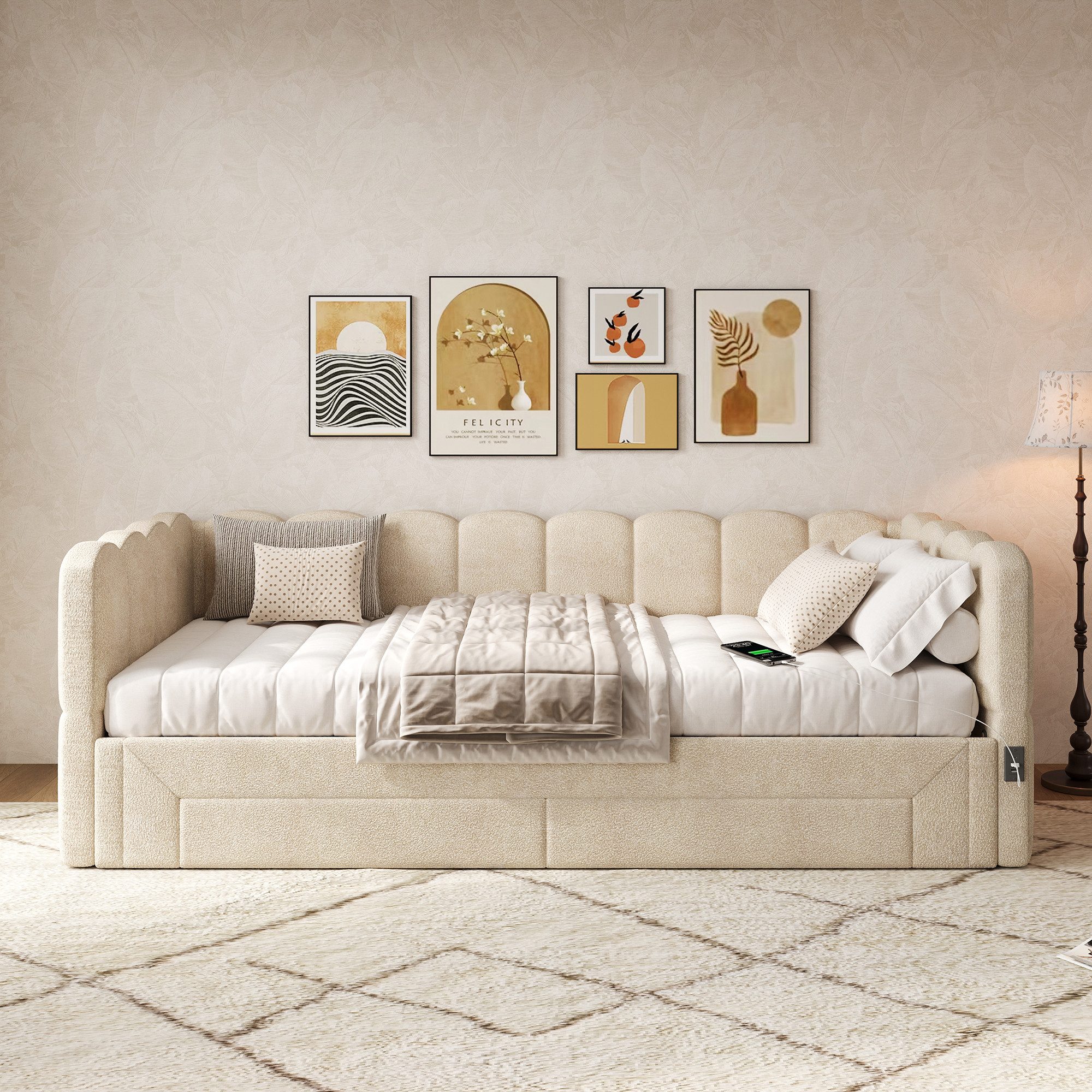 Flieks Daybett, Polsterbett Tagesbett 90/180x200cm mit Ausziehbett, 2 Schubladen, USB