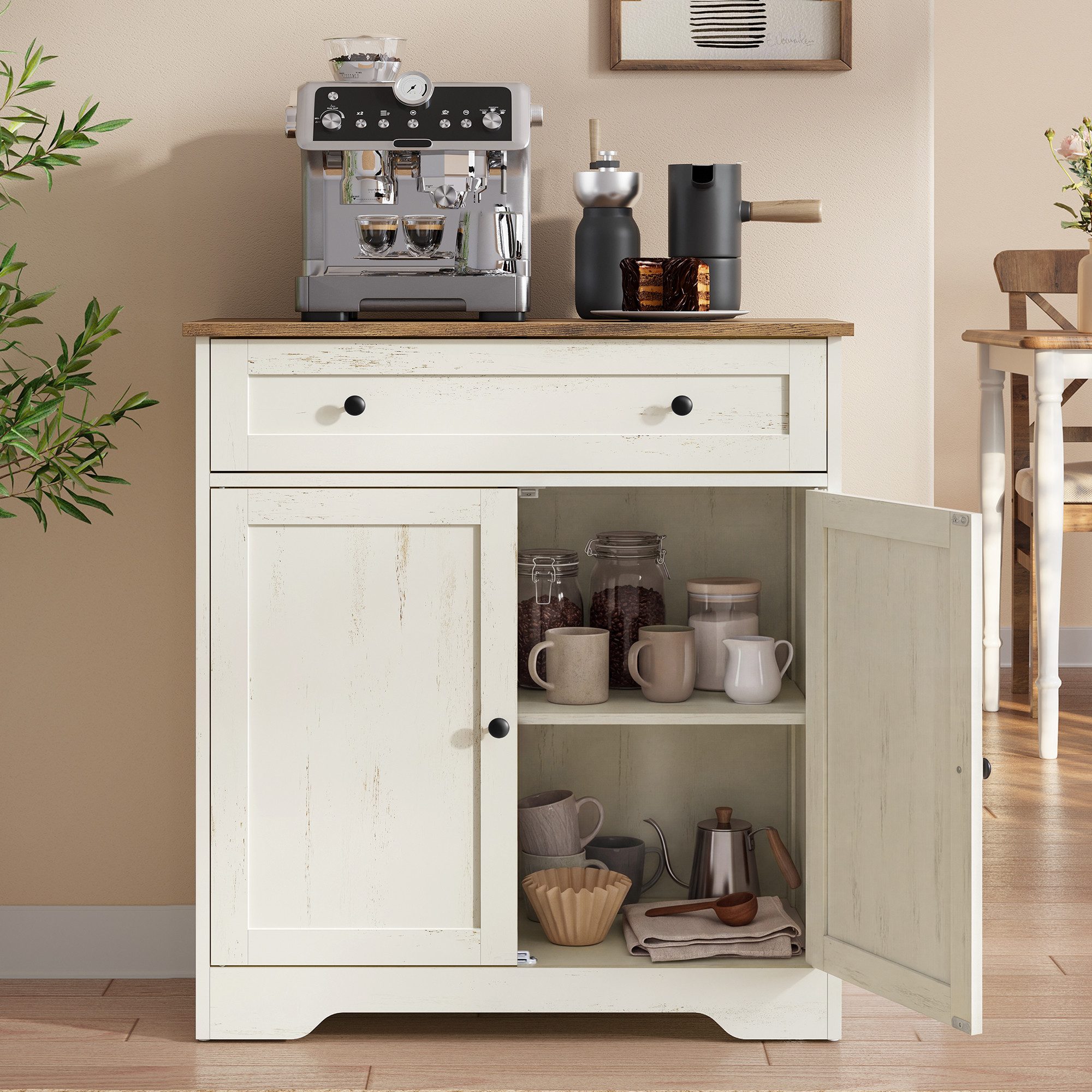VASAGLE Buffet Aufbewahrungsschrank Küchenschrank verstellbare Ablagen, 2 Schubladen 40 x 72 x 80 cm, im Landhausstil, Schublade, Kaffeebar, Sideboard