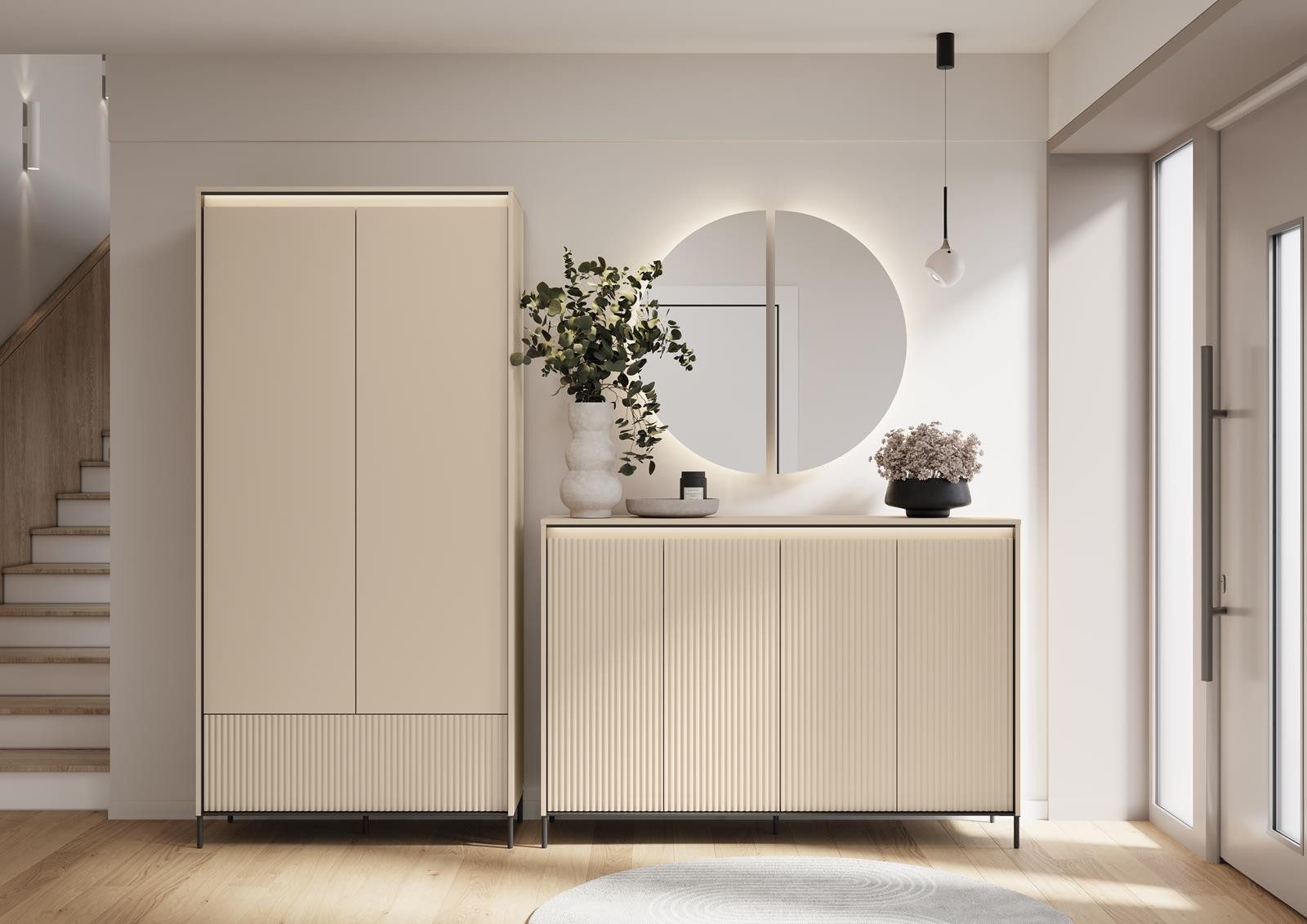 Compleo Garderoben-Set 2x Schrank, Sitzbank, Kleiderbügel FLORE, Flur Set mit Lamellen beige