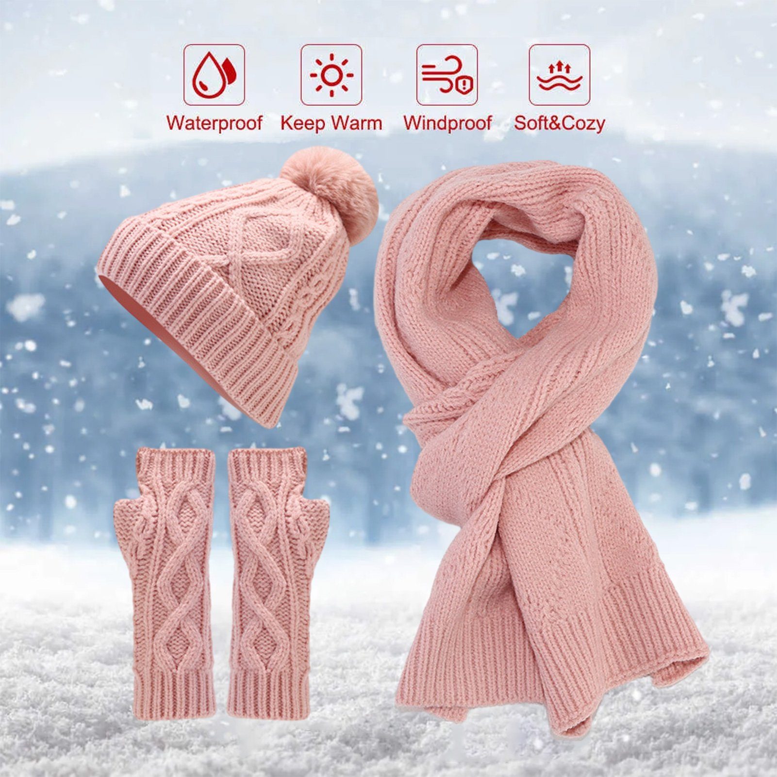 in (mit Schal,Handschuhe Winter Winter Strickmütze Hat für Mütze Frauen) 1 Lang Half Set, Rutaqian Finger Fleece Radfahren Warm Schal Plüschball Set Fleece 3 Gefütterte elastisch und Outdoor und Beanie weich Männer Rosa Handschuhe