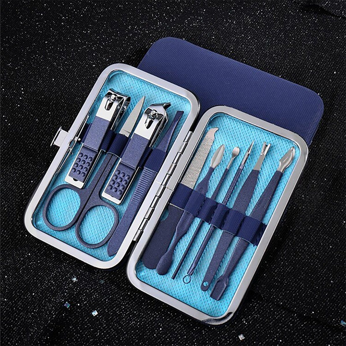 TPFBeauty Maniküre-Pediküre-Set mit Etui, 10-tlg., Nagelschere, Nagelknipser, Pinzette uvm. Nagel Set, Edelstahl Maniküre Set Pediküre Set in Aufbewahrungs-Etui - Blau