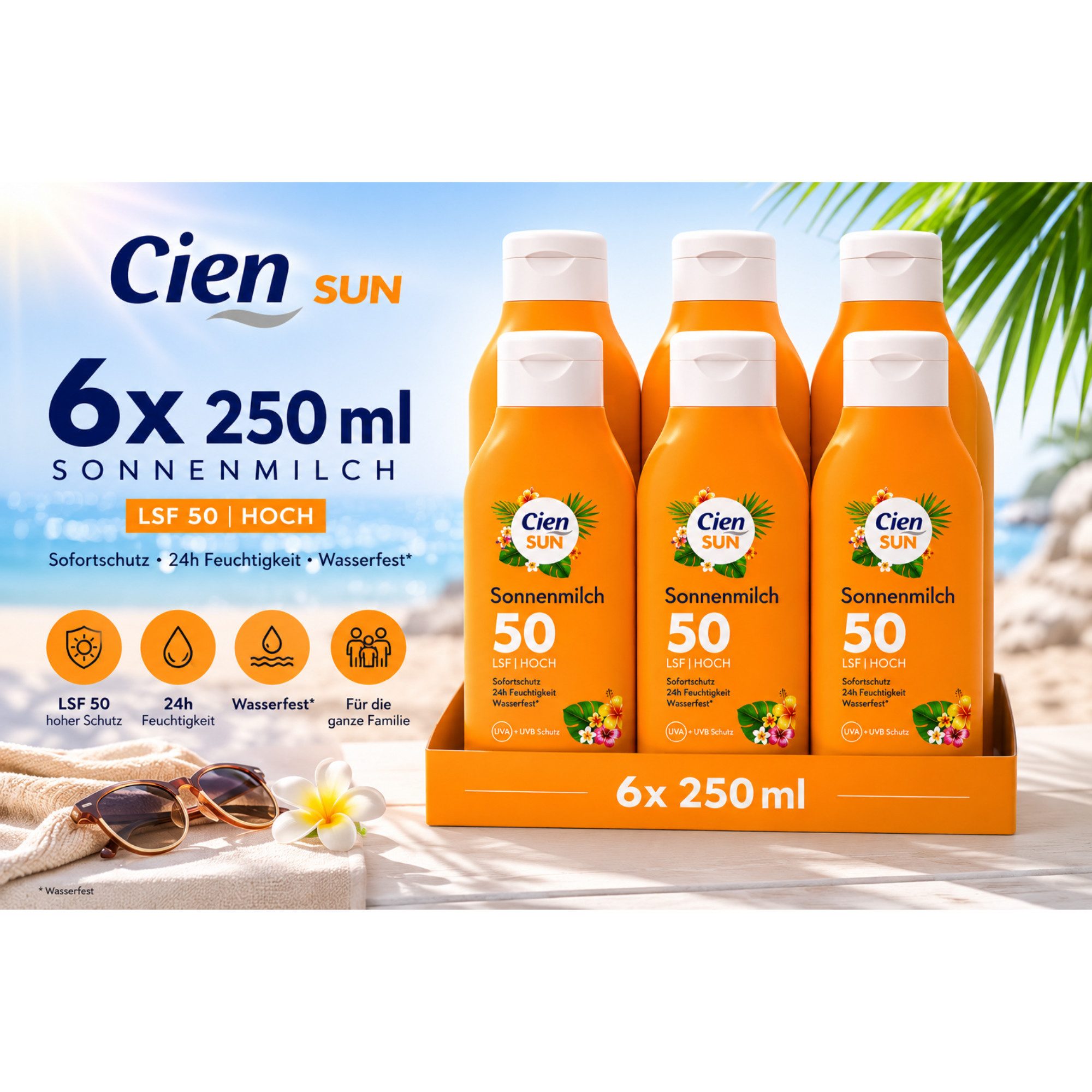Cien Sonnenschutzmilch Sonnenmilch LSF 50 6 × 250 ml Vorratspack, Spar-Set, 6-tlg., 6 × 250 ml mit LSF 50 und wasserfestem UVA-/UVB-Schutz