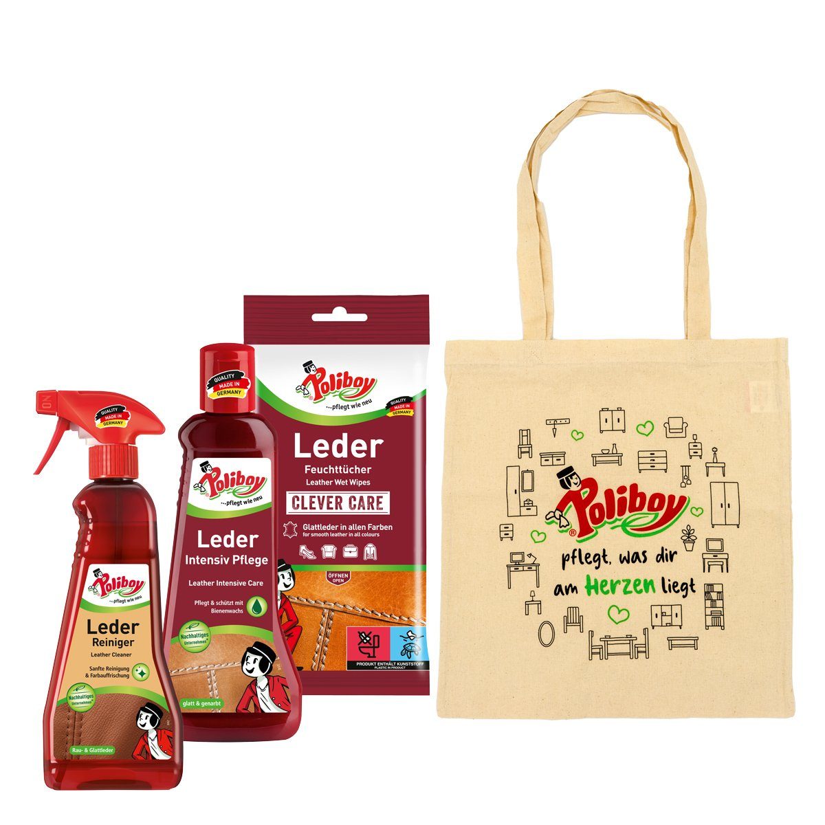 poliboy Leder Pflege Set - 575ml Lederreiniger (verschiedene Pflegeprodukte inkl. Baumwollbeutel - Made in Germany)