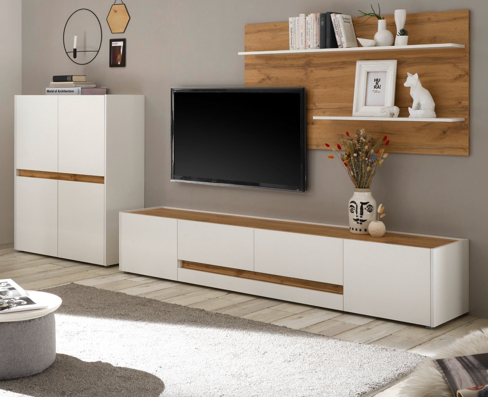 Furn.Design Wohnwand Center, (Set 3-teilig in weiß mit Wotan Eiche, 343 x 180 cm), mit großem TV-Lowboard