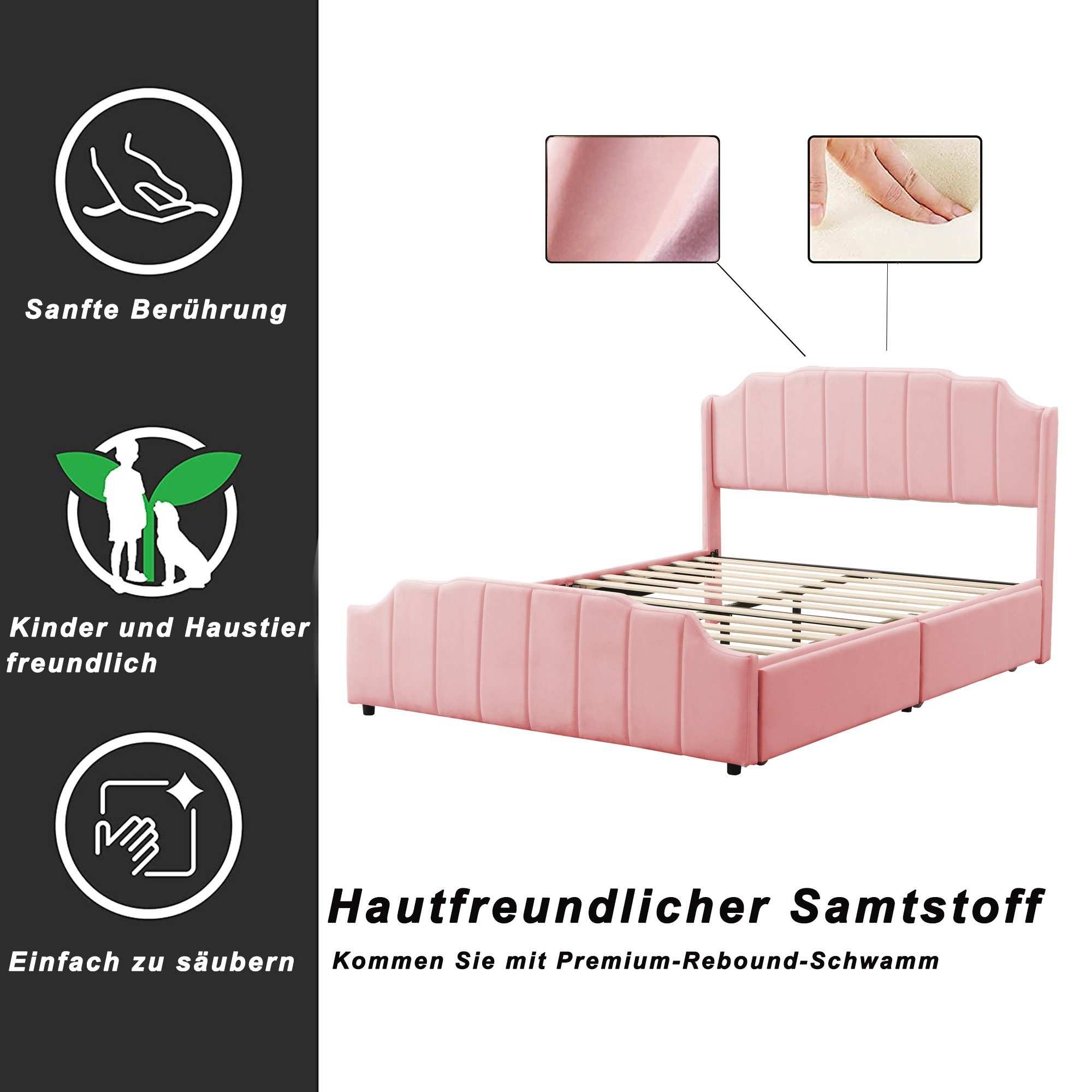 Polsterbett (Kinderbett), Doppelbett 140x200cm mit 2 Schubladen & Lattenrost, weicher Samt-Bezug