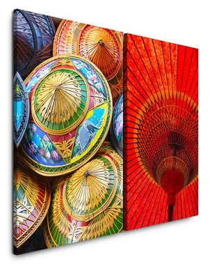 Sinus Art Leinwandbild 2 Bilder je 60x90cm Sonnenschirme Rot Asien Traditionell Papierschirm Kunstvoll Farbenfroh