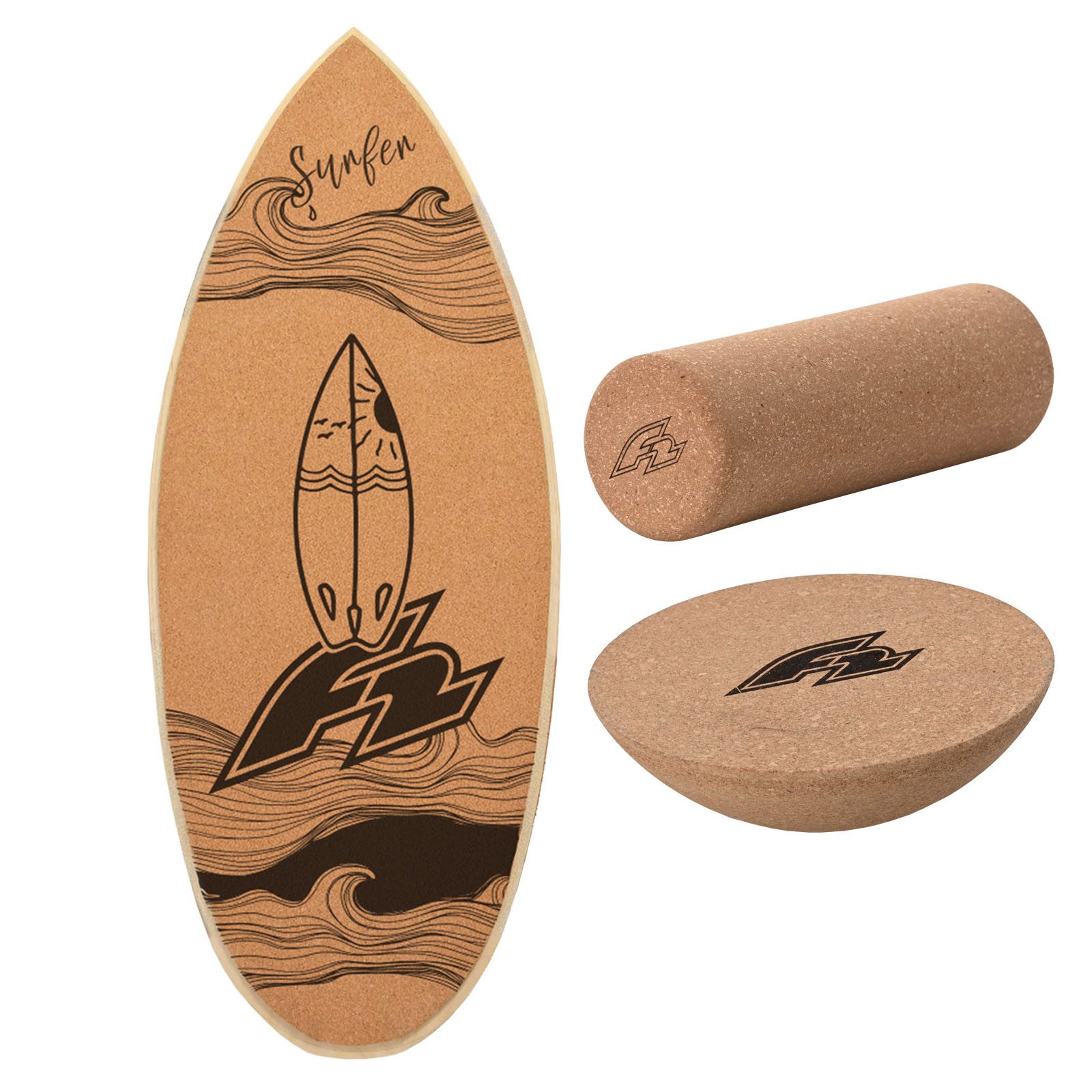 F2 Balanceboard F2 Kork Balance Board Surf 74x30cm mit Korkrolle + Kork Halbkugel