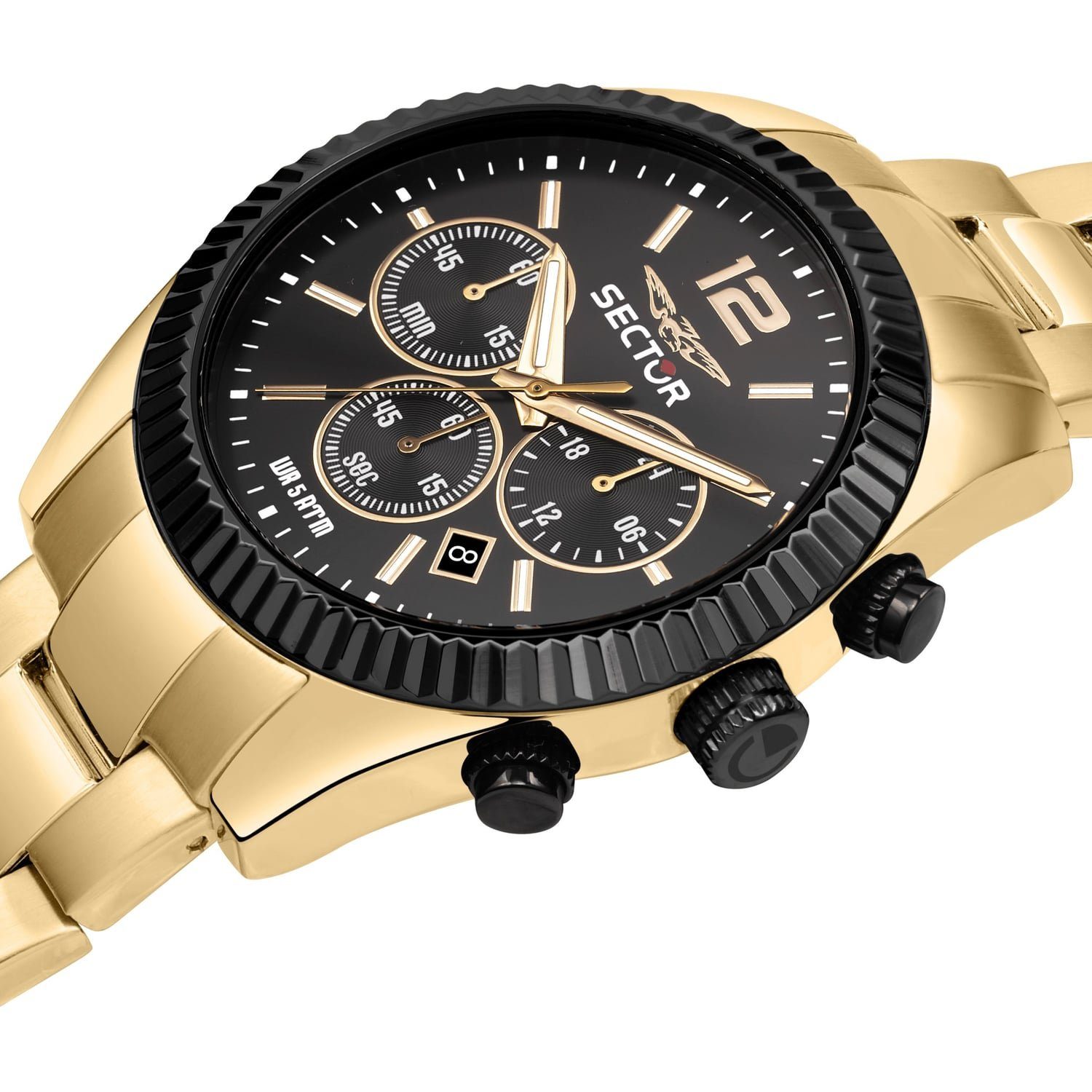 Sector Chronograph Sector Herren Armbanduhr Chrono, (Chronograph), Herren Armbanduhr rund, groß (45mm), Edelstahlarmband gold, Fashion