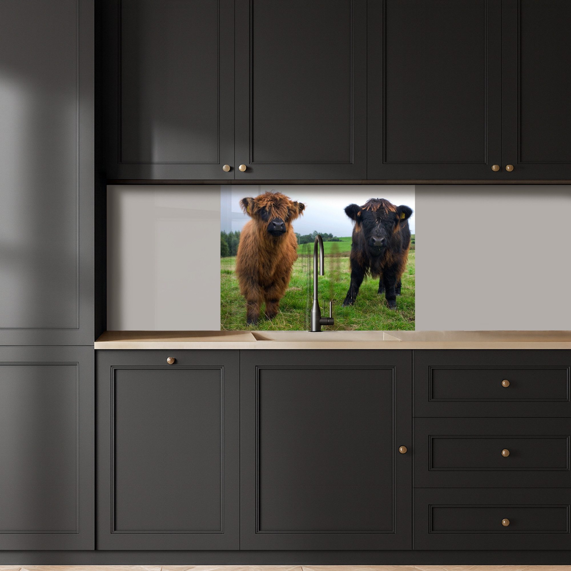 KitchenYeah Küchenrückwand selbstklebend Schottische Highlander - Kühe - Natur - Grün - Gras, (1-tlg), Spritzschutz, Küche, Rückwand, Küchenwand, Küchenfront, 80x60 cm