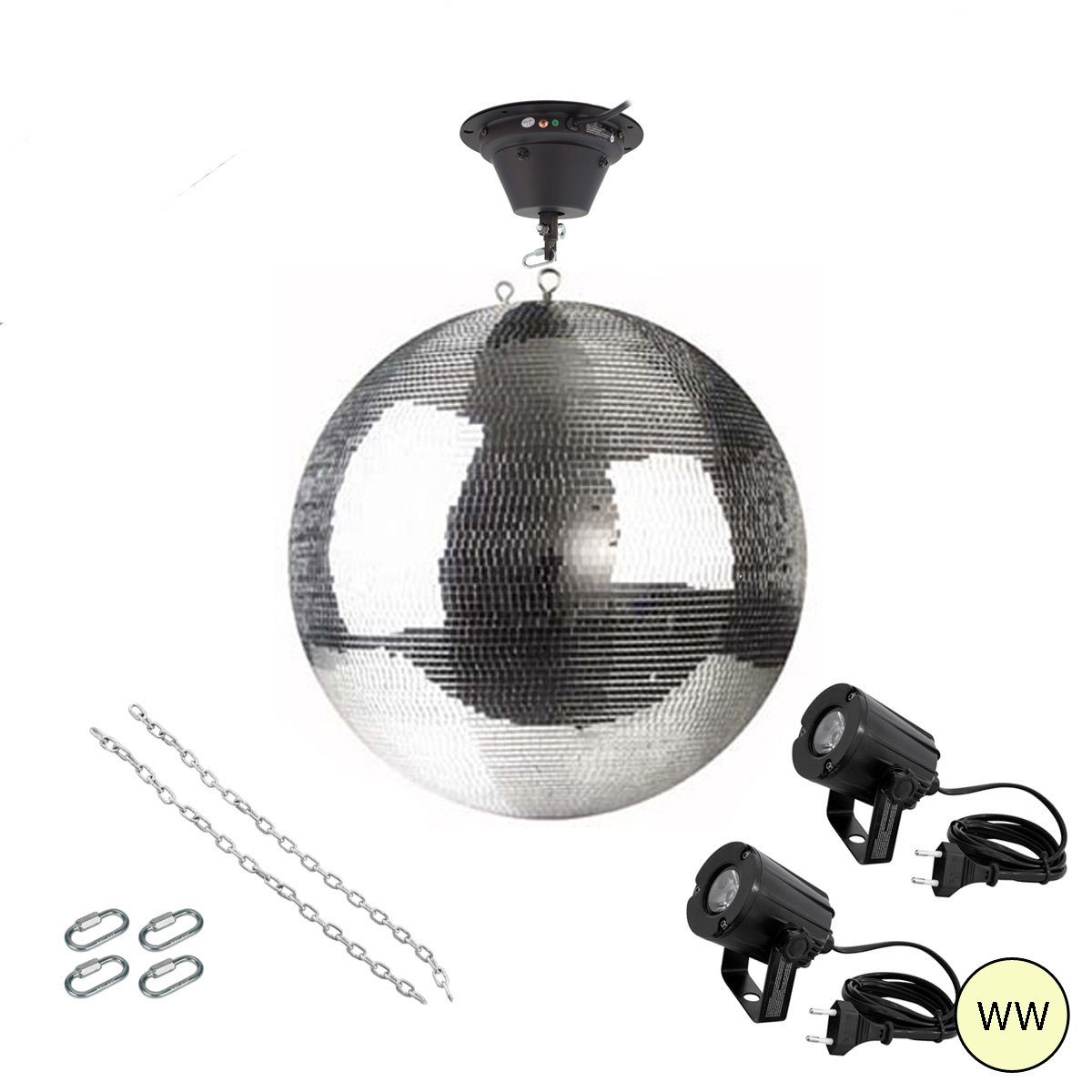 SATISFIRE Discolicht Spiegelkugel Komplettset 50cm mit Motor, 2 x LED Pinspot (warmweiss)