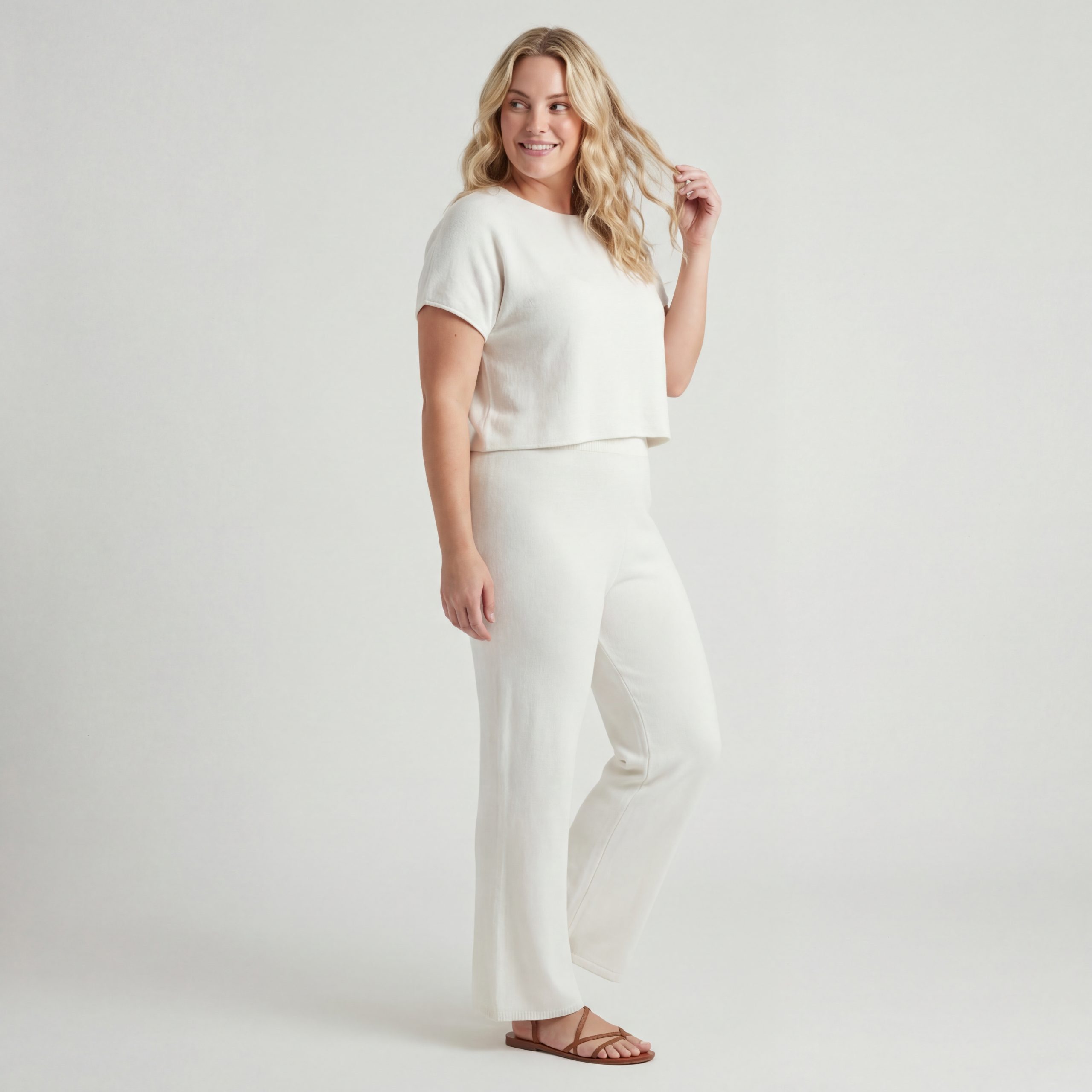 OriginalYou Loungeanzug Damen Feinstrick Set 2-teilig Strickhose mit Stretchbund Kurzarm Shirt One Size Passform 36–40 (36-38 Relaxed, 38-40 Regular)