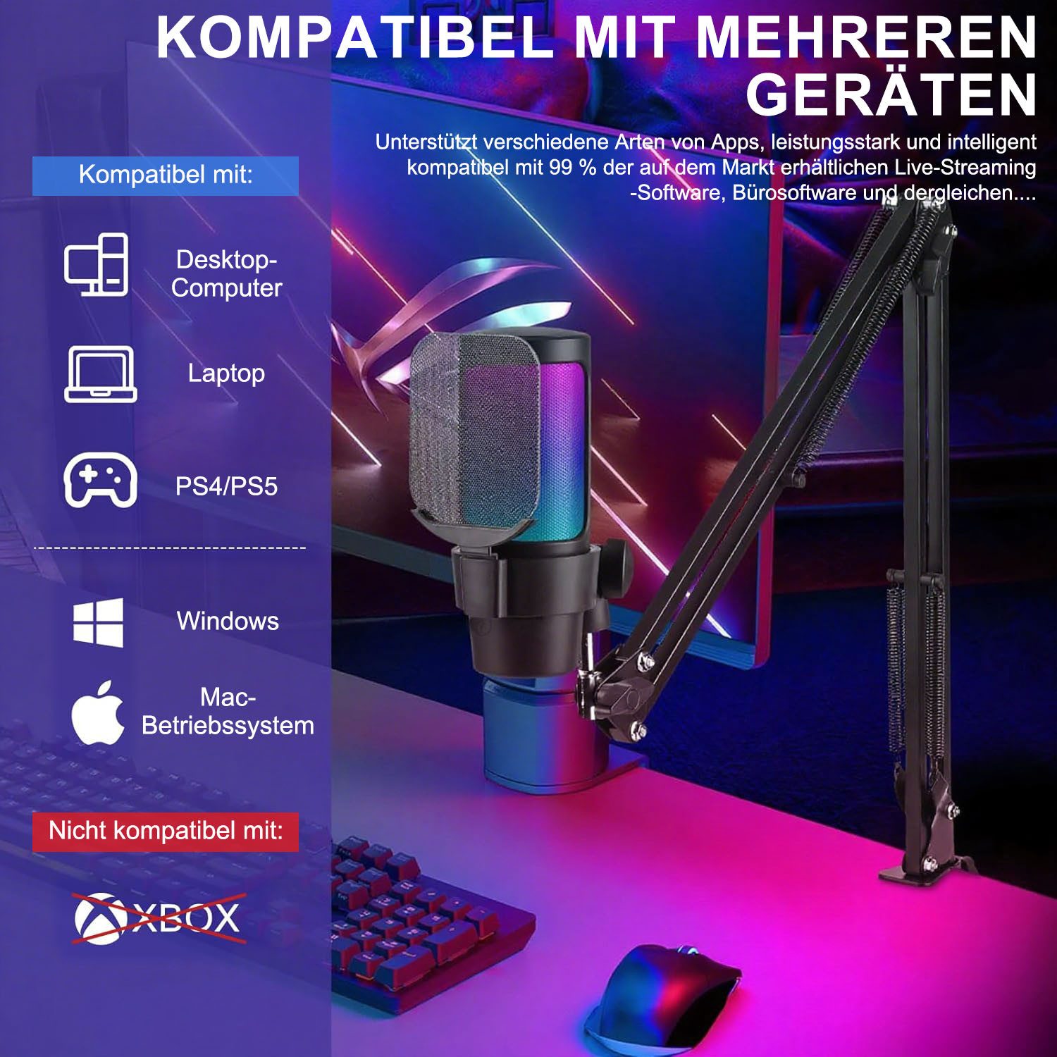AIMAX Streaming-Mikrofon Gaming Mikrofon PC mit Arm USB Microphone für Streaming Podcast Studio, mit Mikrofon Ständer mit Nierencharakteristik