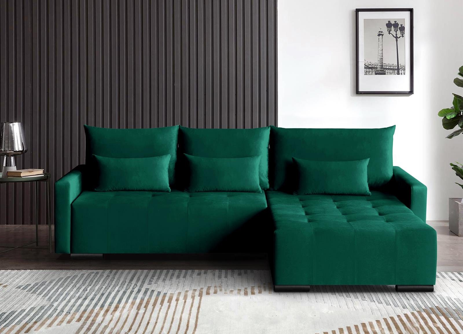 Beautysofa Ecksofa Bono, L-Form Eckcouch mit Schlaffunktion und Bettkasten, mit universelle mane, Ecke aus Velours Flasches grün (kronos 19)