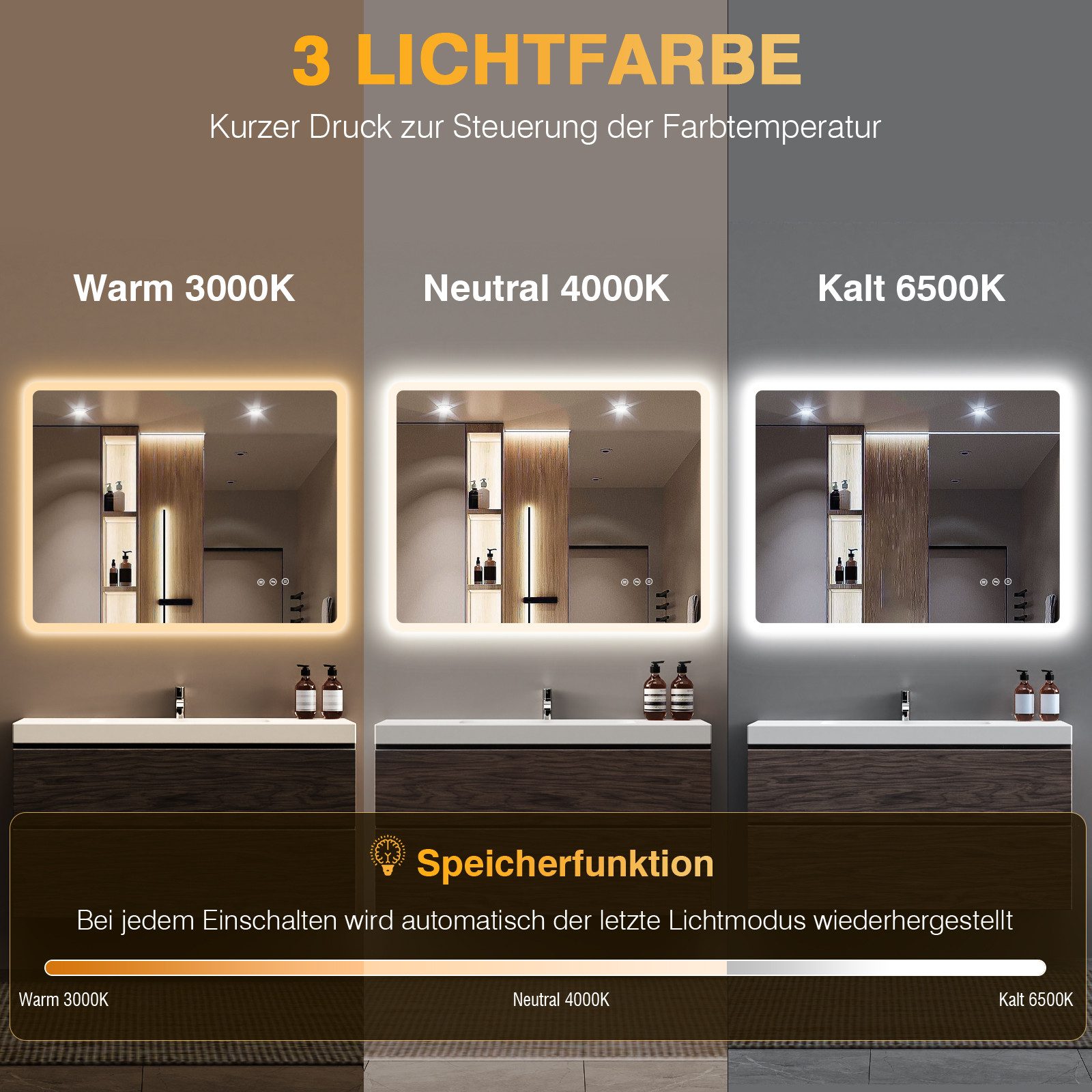 PESENXAN Badspiegel mit Beleuchtung 80 x 60 cm, LED Badezimmerspiegel, Dimmbar (1-St), Antibeschlag, 3 Lichtfarben, IP44, Speicherfunktion
