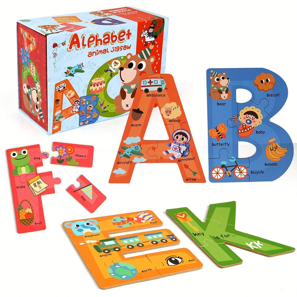 Lernspielzeug Holzbuchstaben Puzzle, ABC Visuelles Wortlernspiel mit Tieren