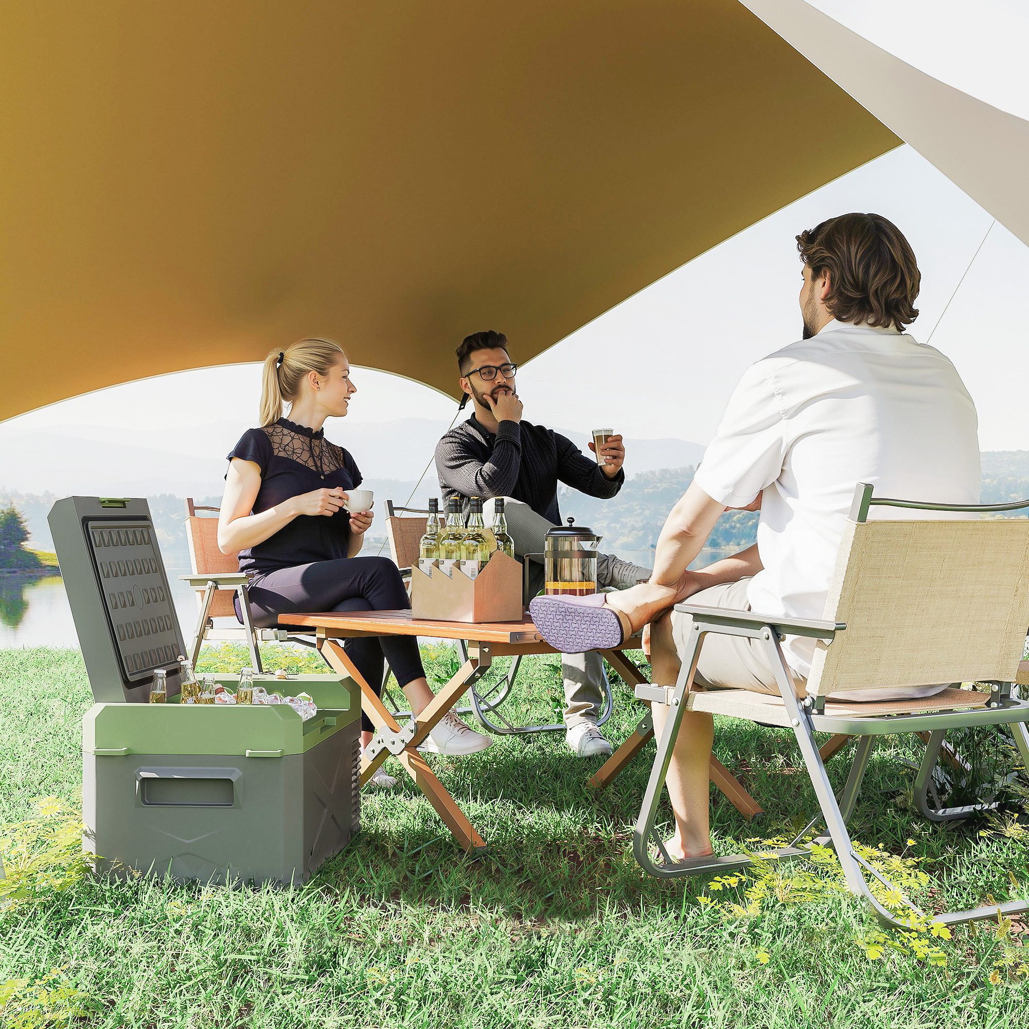 Outsunny Kühlbox mit Anschluss, ECO Modus, Kühlhaltefunktion, 16 l, für Auto Steckdose LKW Camping Boot Grau+Grün