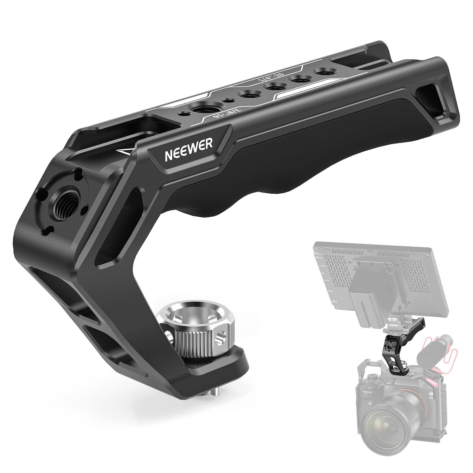 Neewer Kamerahalterung CA007 Top Handle Oberer Kameragriff mit 3/8" ARRI Locating Schraube, (Packung, Farbe:schwarz, Grundfarbe:schwarz, komfortabler Silikongriff kompatibel mit SmallRig Camera Cages Rigs)