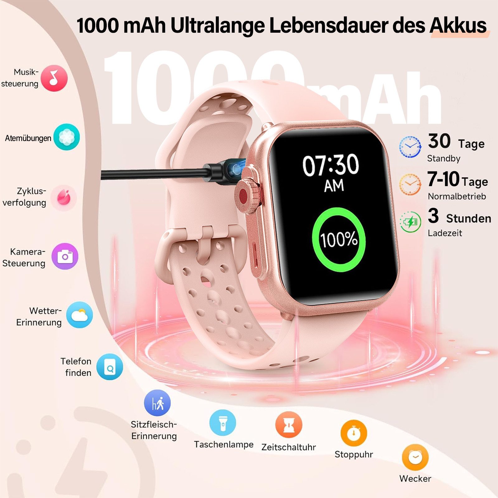 ANYSUN Smartwatch Damen Herren mit 1000mAh Akku, Smartwatch (4.65 cm/1,83 Zoll) Fitness Tracker Uhr für Damen Herren 30 Tage Ultralange Standby, 24H Telefonfunktion/Herzfrequenz/SpO2/Schlaf,100+Sportmodi Android iOS