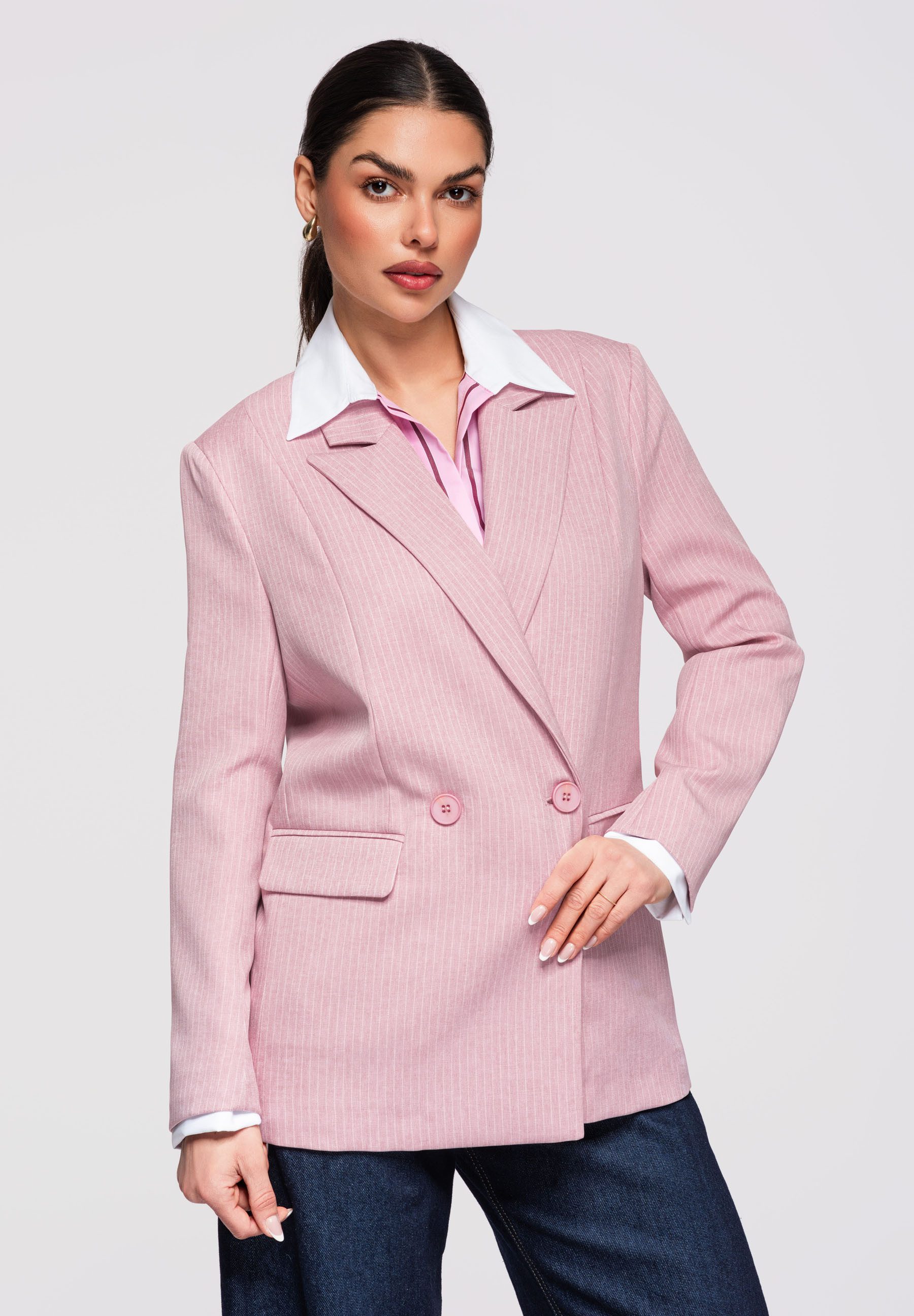 OMBRE Longblazer Damen-Blazer in Hüftlänge mit klassischem Schnitt und Nadelstreifen