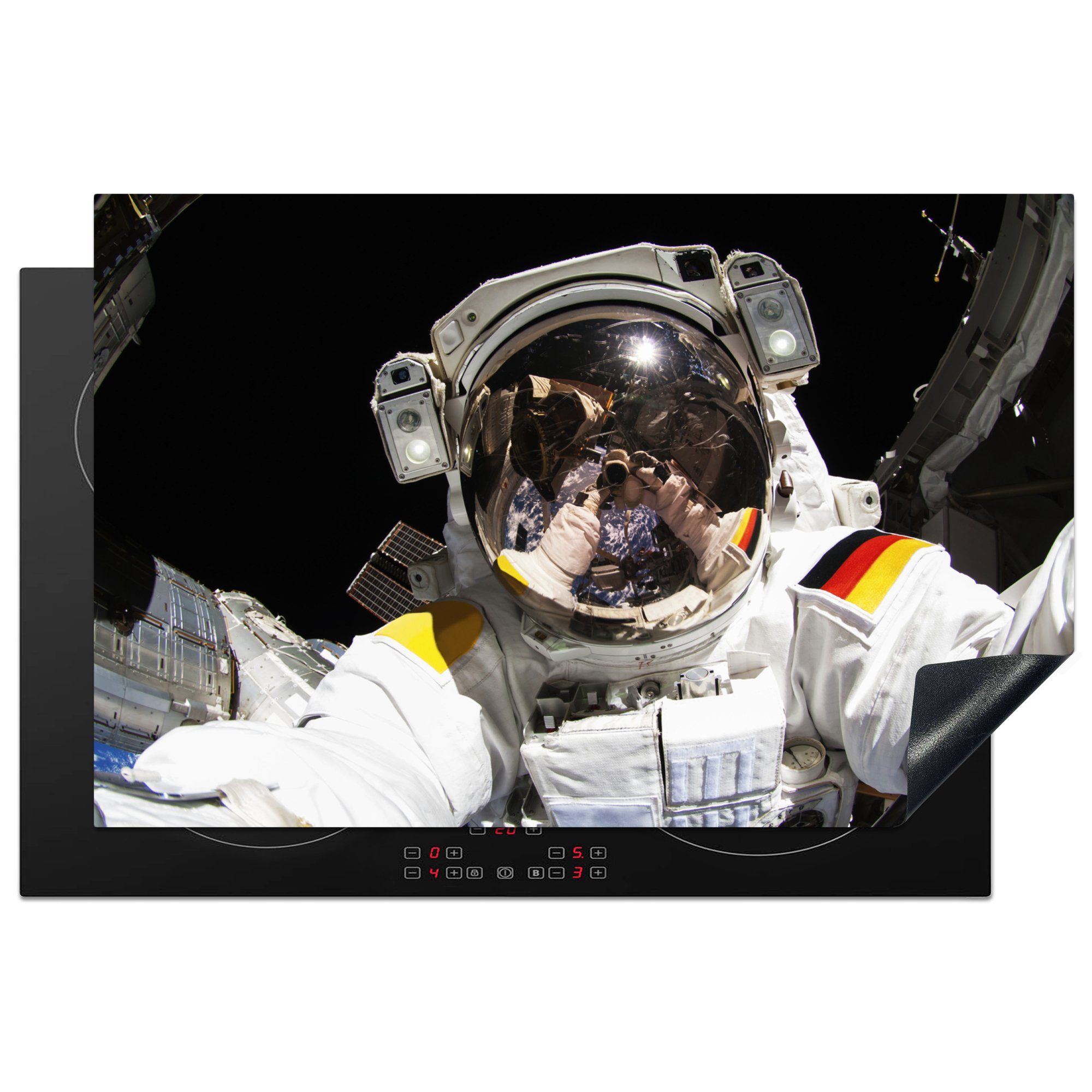 MuchoWow Herdblende-/Abdeckplatte Astronaut - Weltraum - Helm, Vinyl, (1 tlg), 81x52 cm, Induktionskochfeld Schutz für die küche, Ceranfeldabdeckung