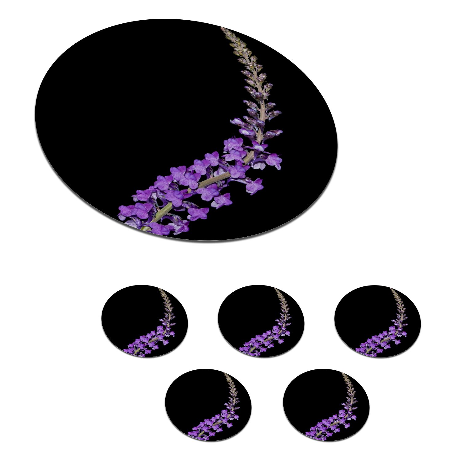 MuchoWow Glasuntersetzer Einzelner lila Lavendel auf schwarzem Hintergrund, Zubehör für Gläser, 6-tlg., Getränkeuntersetzer, Tassenuntersetzer, Korkuntersetzer, Tasse, Becher