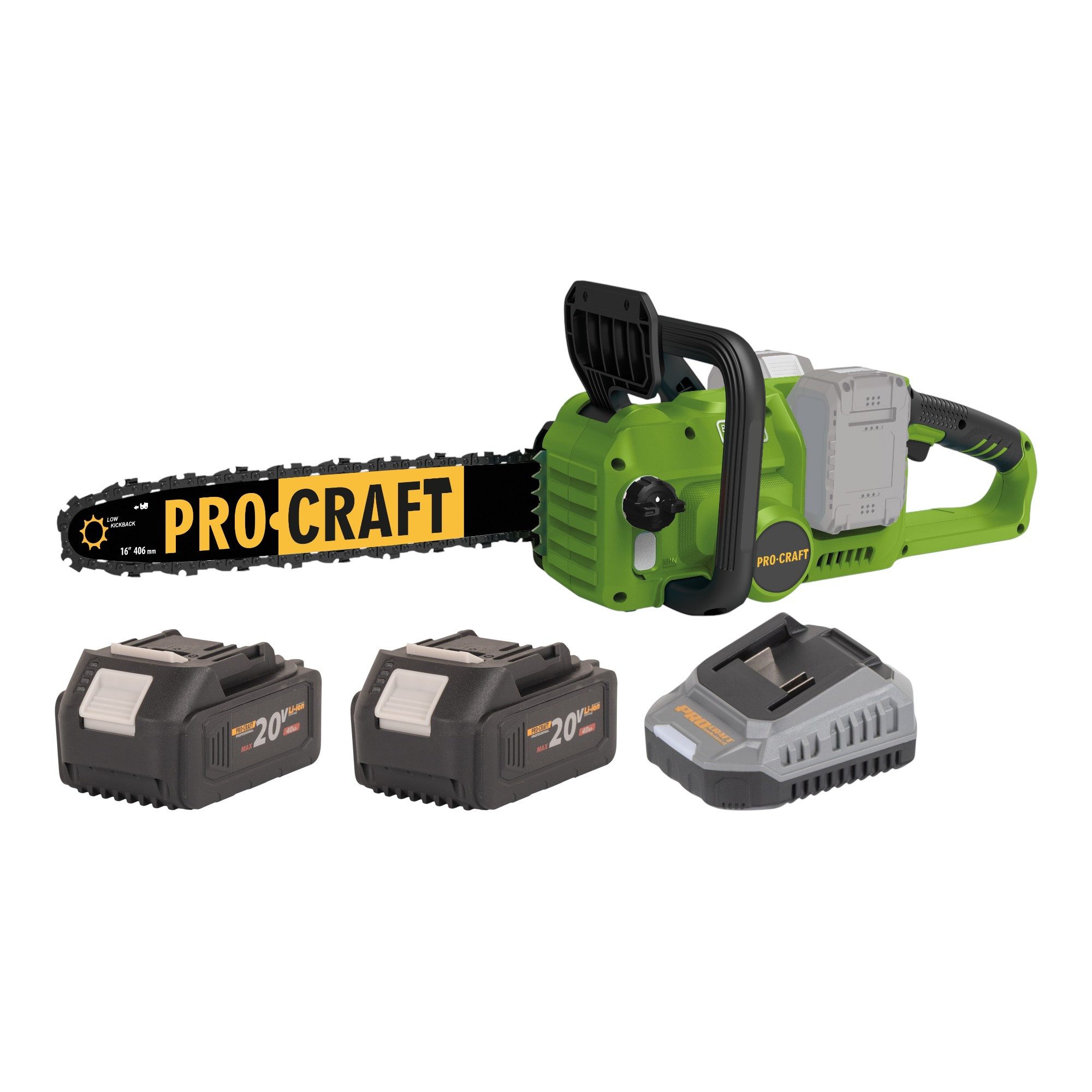 PRO CRAFT Akku-Kettensäge PCA42/2 40 V (2x 20 V) 406 mm + 2x Akku 4,0 Ah + Ladegerät