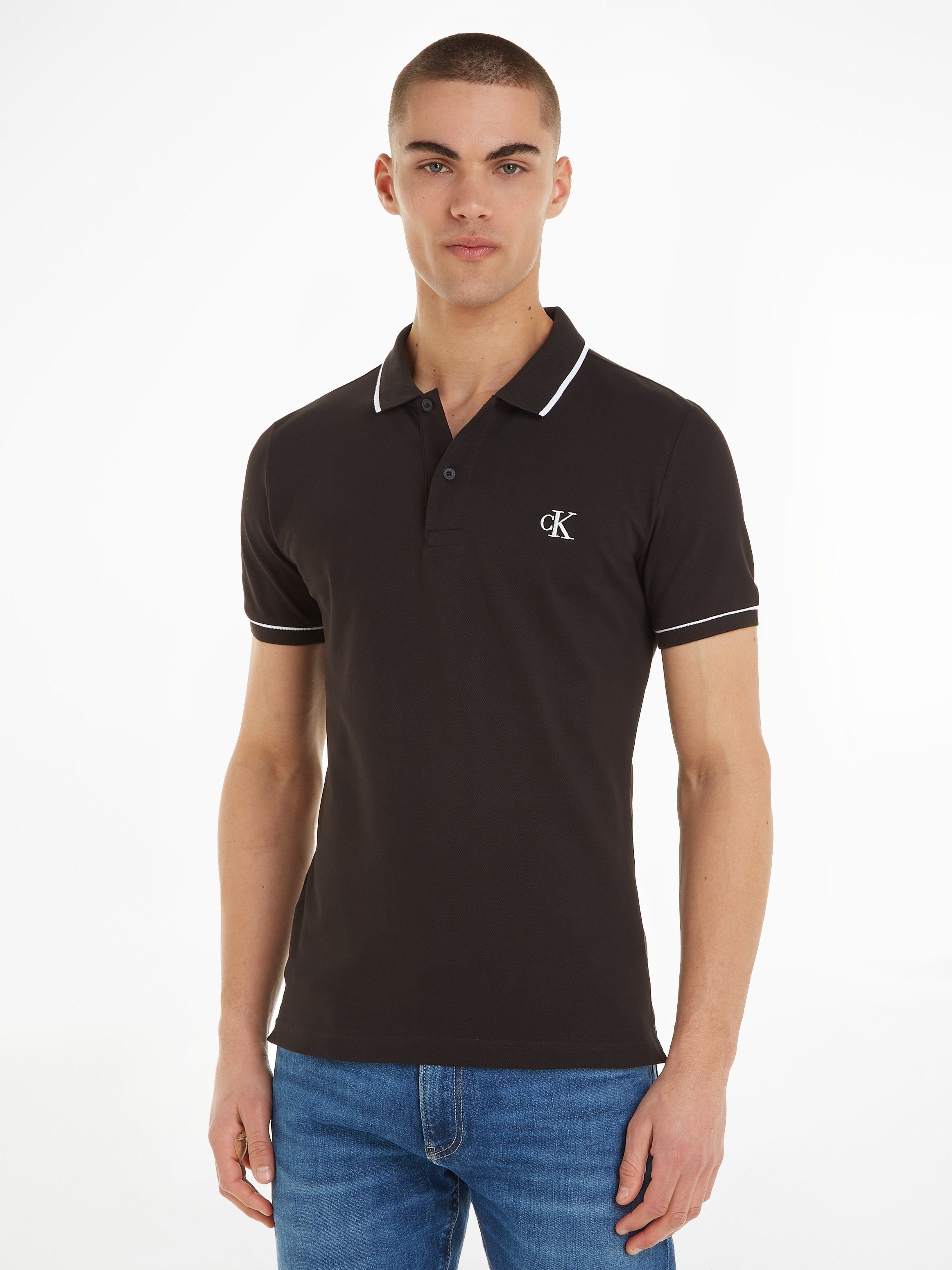 Raven Klein Calvin Poloshirt TIPPING Jeans SLIM POLO mit CK Black / ESSENTIAL CK Markenstickerei