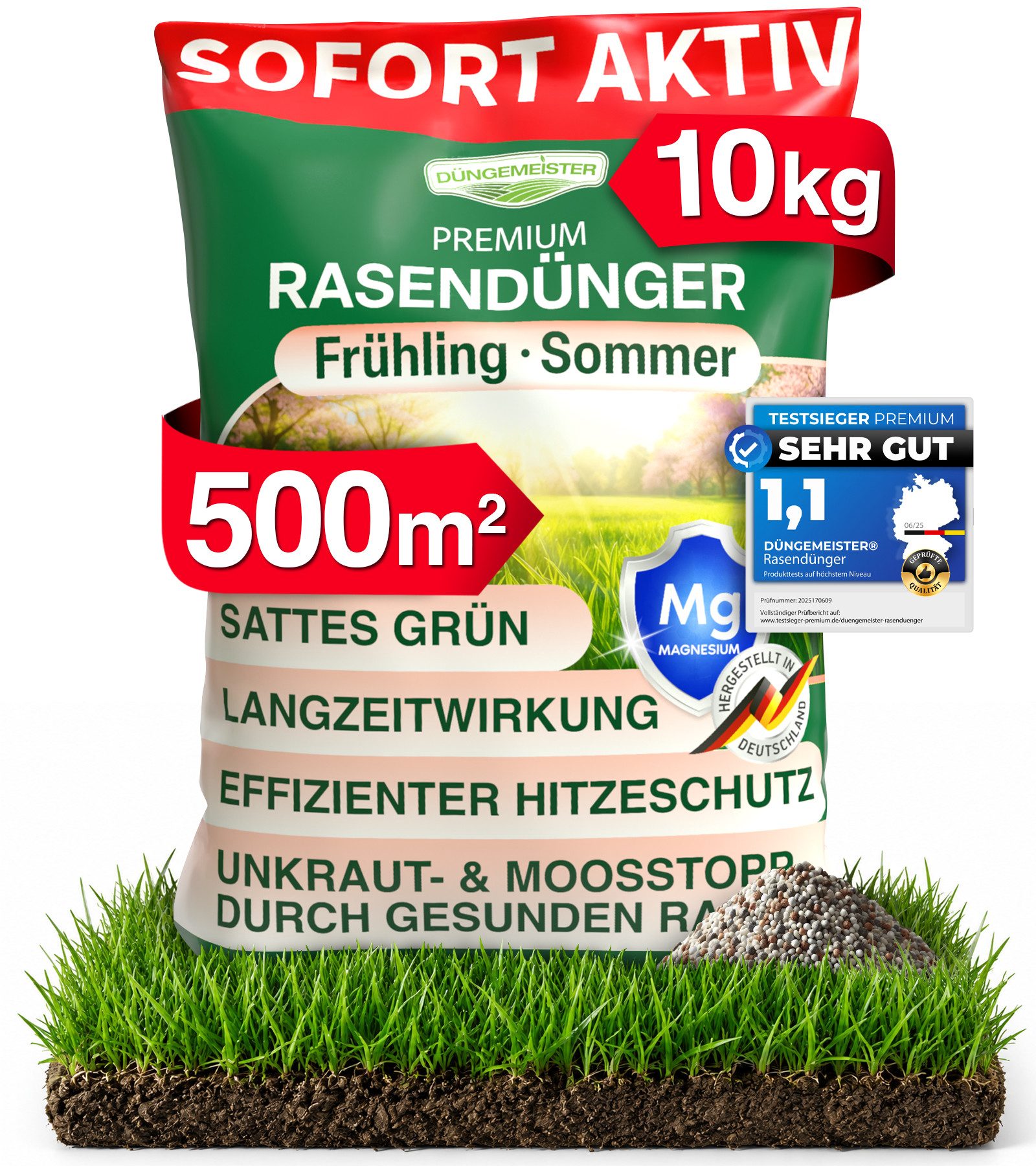 DÜNGEMEISTER Rasendünger Frühjahr/Sommer für sofort saftiges Grün, mit revolutionärer KI Formel - Langzeit NPK/Organisch