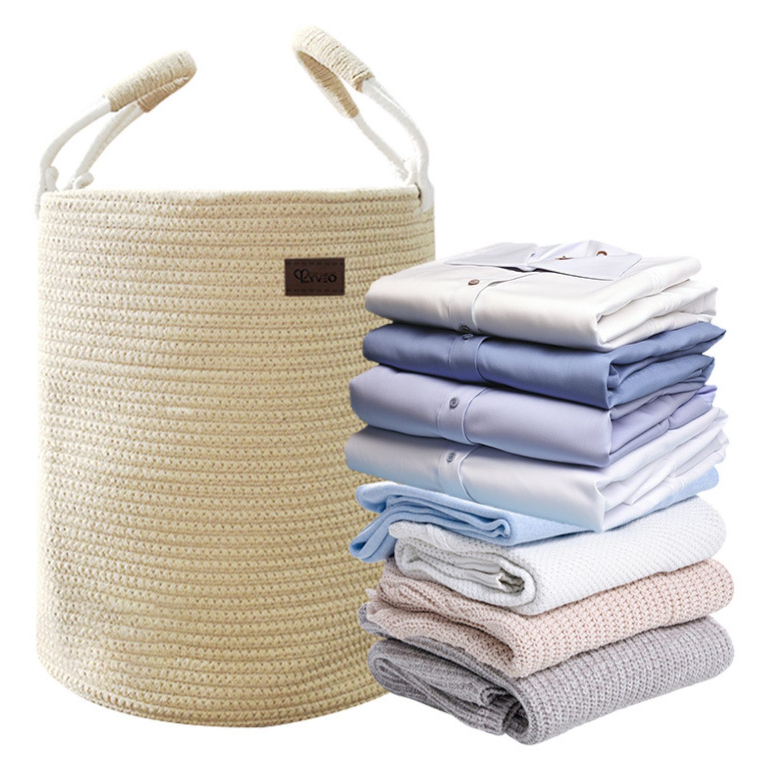 Lyveo Wäschekorb aus Baumwolle 40 L / 58 L Wäschesammler Aufbewahrungskorb mit Griff, Wäschebehälter für Kleidung, Decken, Spielzeug