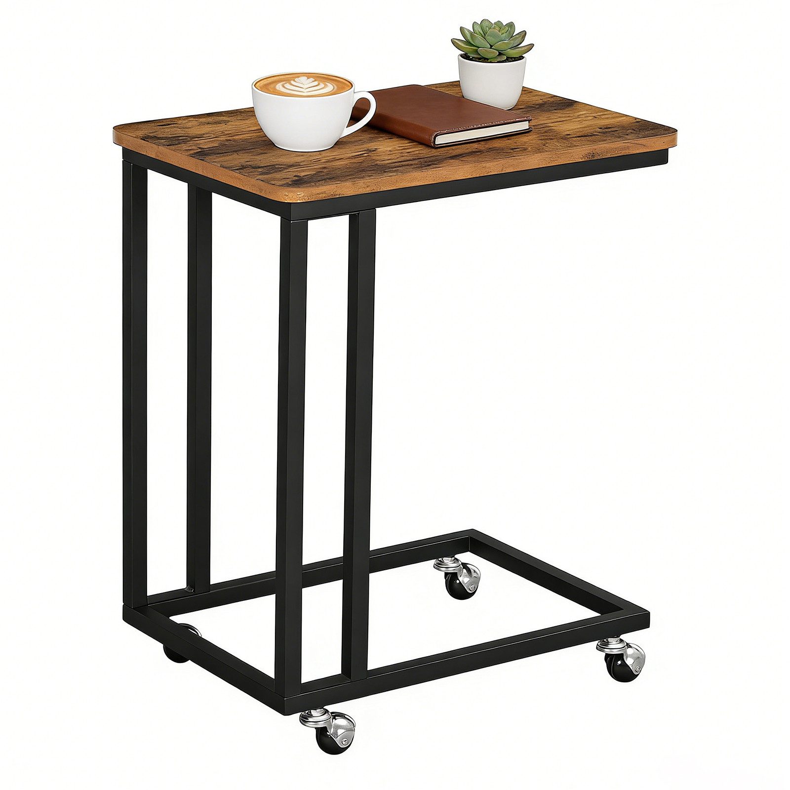 BlingBin Beistelltisch Mobiler Kaffeetisch,C-förmiger Sofatisch mit Rollen,35 x 50 x 60 cm (1 Set, 1-St., Laptoptisch mit Metallgestell und Holzoptik), für Sofa, Bett und Wohnzimmer, Vintagebraun-Schwarz