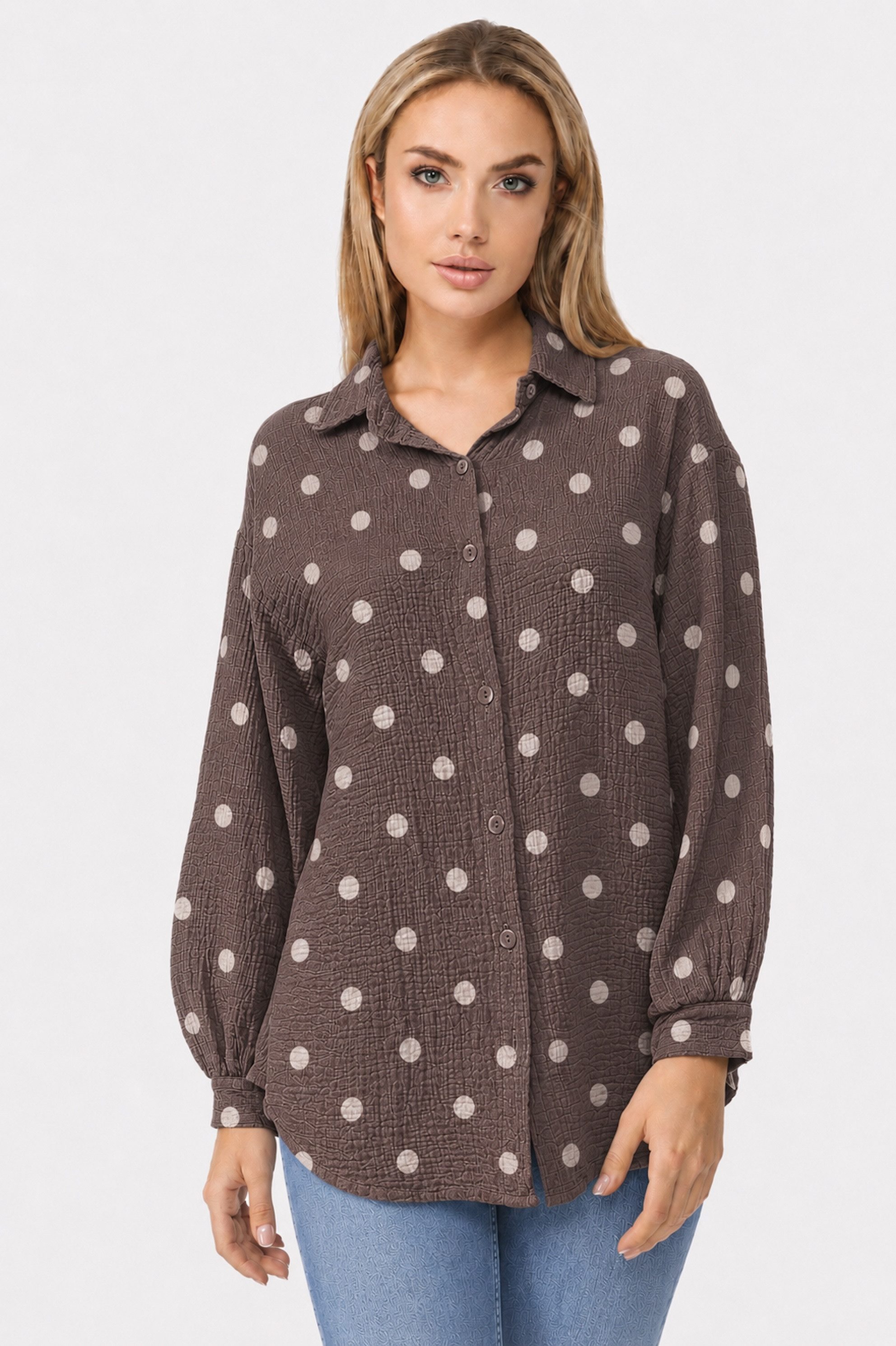Worldclassca Hemdbluse Worldclassca Musselin Bluse Sommer Polka Dots Langarm Oberteil Punkte Neue Kollektion - Stilvolle und gemütliche Mode für Damen