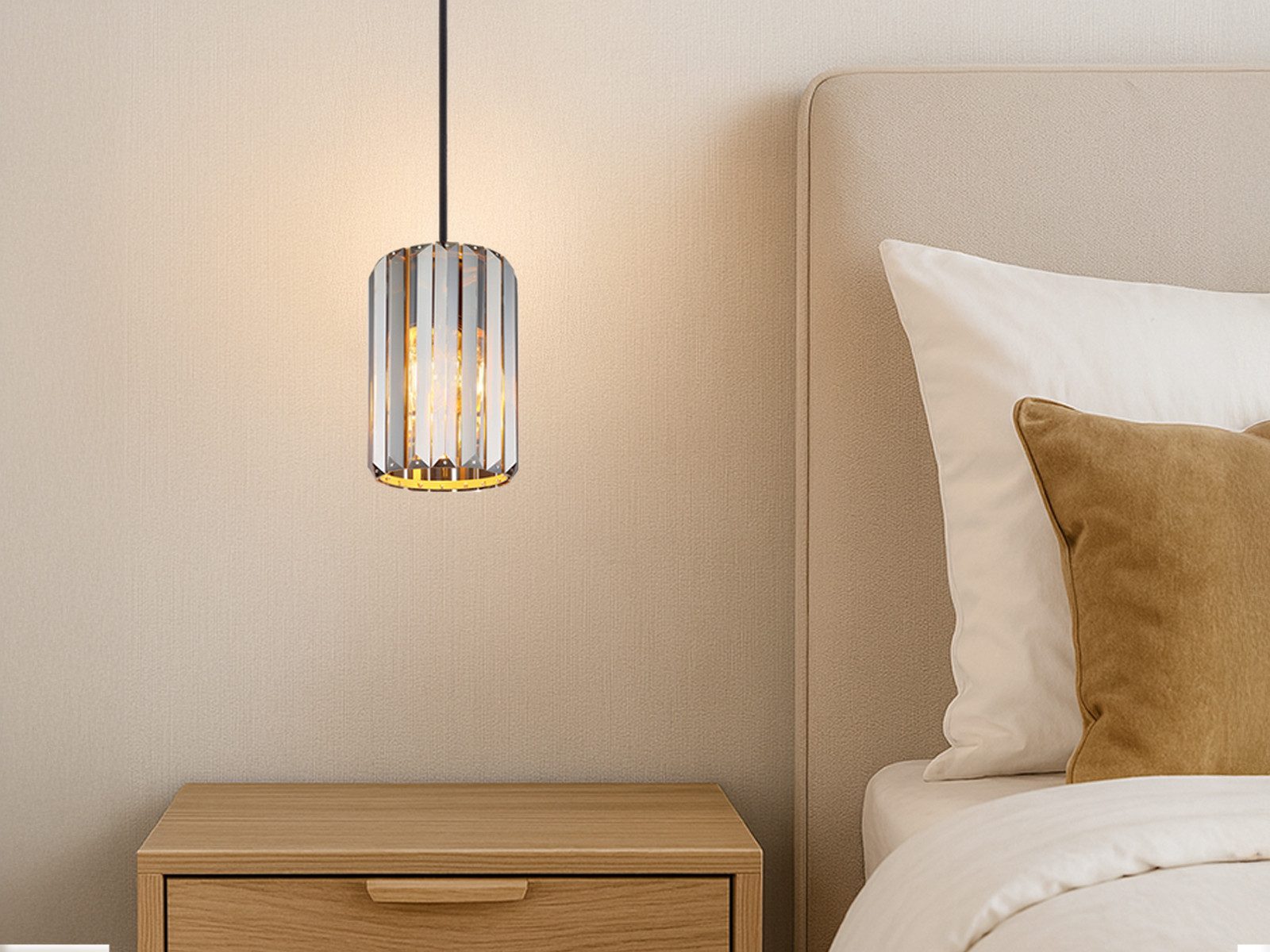 NOWA LED Pendelleuchte mit Rauchglas Kristall Ø 13,5cm, Dimmfunktion, LED wechselbar, Warmweiß, Hängelampe klein über Esstisch, Bett & Nachttisch hängend einflammig