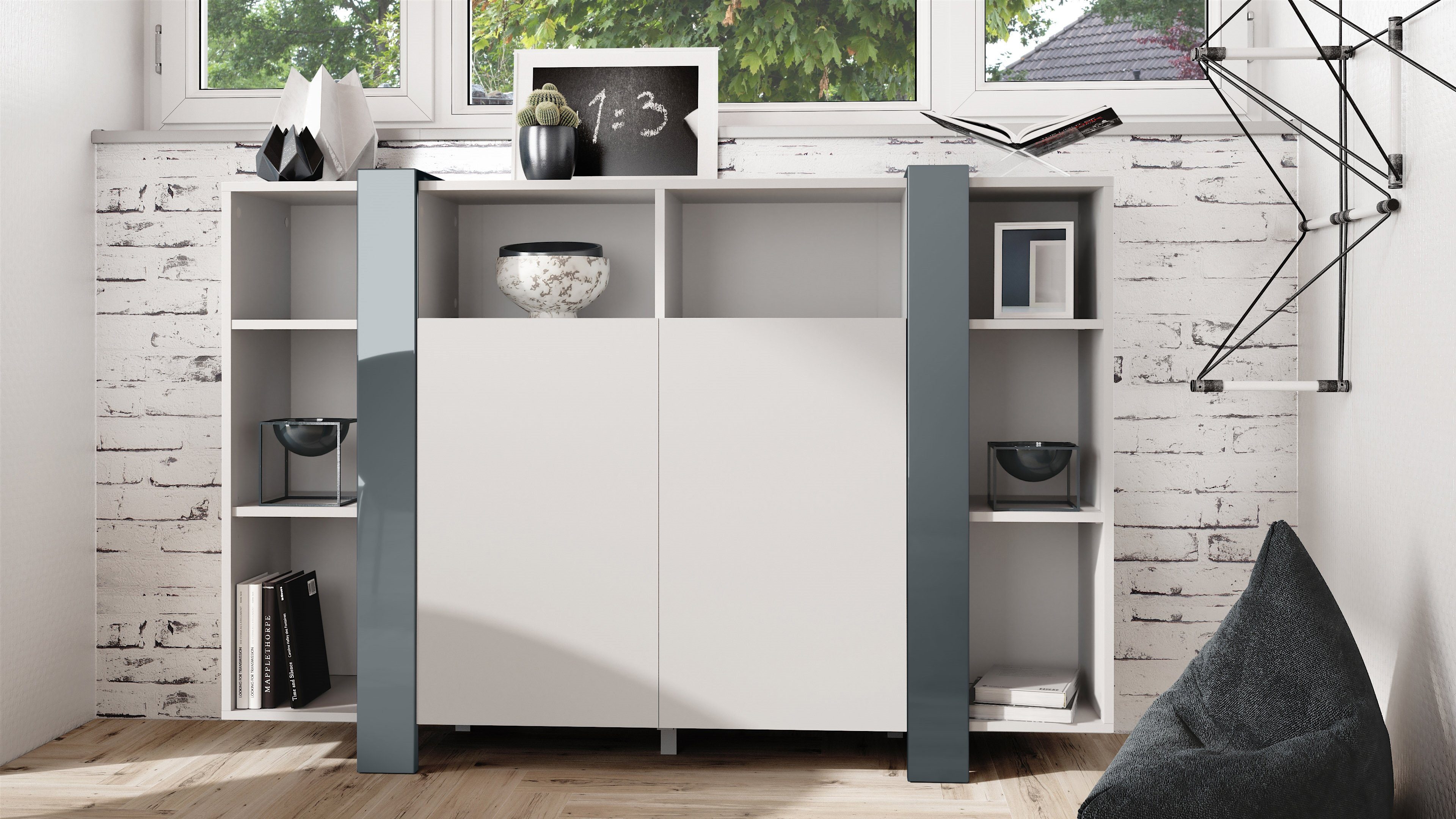 Vladon Highboard Ida V1 (Anrichte, mit 2 Türen und 8 offene Fächer), Weiß matt/Grau Hochglanz (149 x 101 x 34 cm)