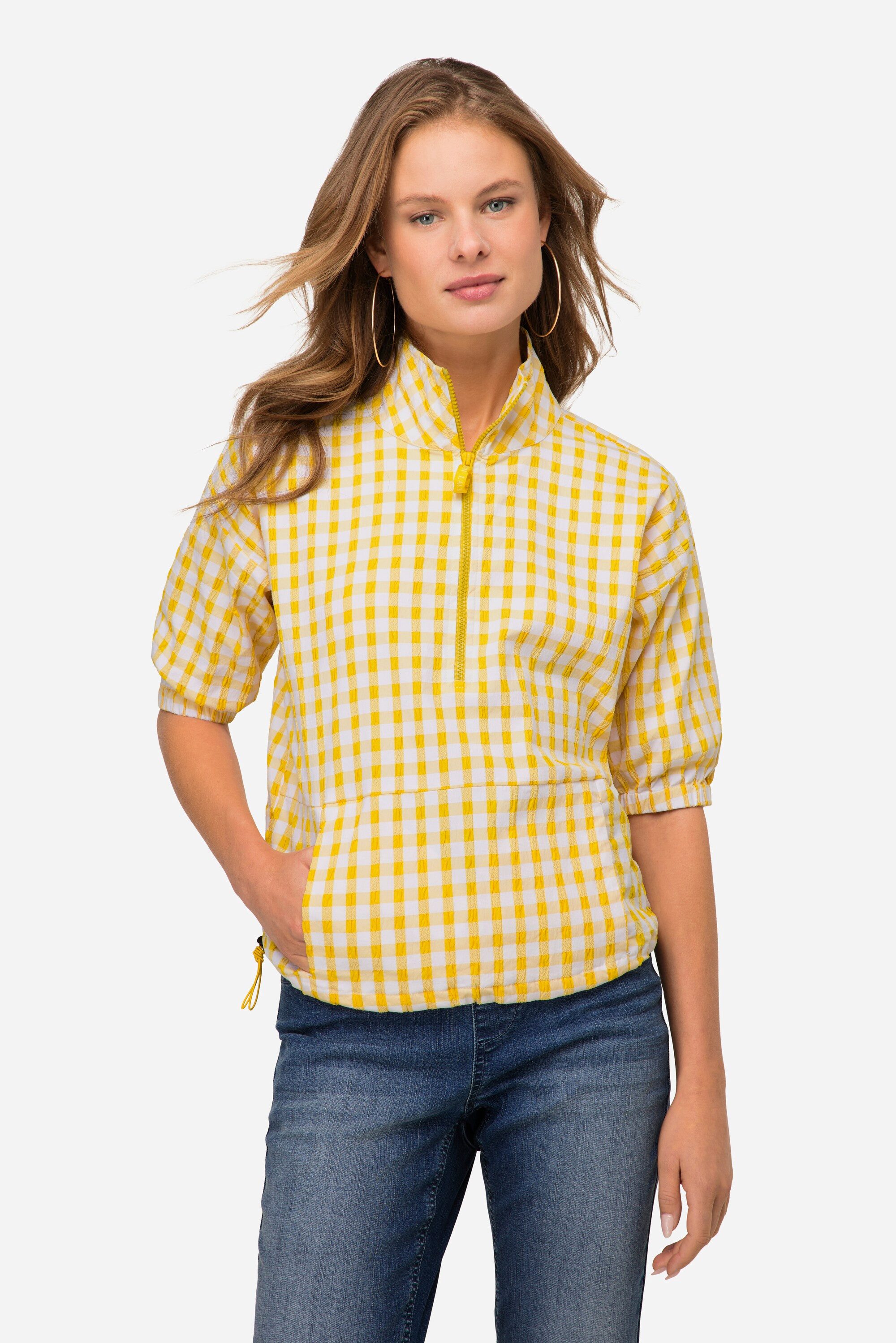 Laurasøn Spitzenbluse Karobluse oversized Seersucker Troyerkragen