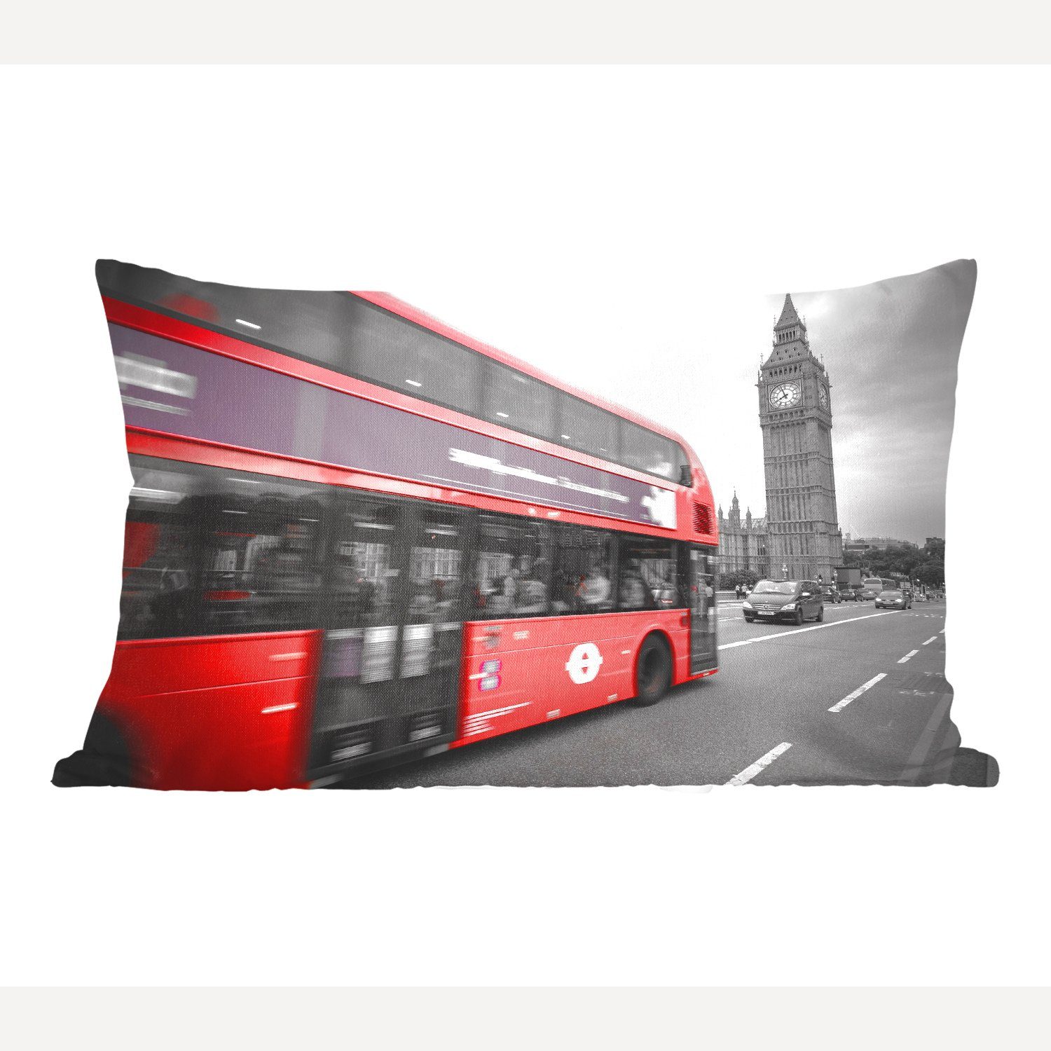 MuchoWow Dekokissen Ein Schwarz-Weiß-Foto eines roten Busses am Big Ben, Wohzimmer Dekoration, Zierkissen, Dekokissen mit Füllung, Schlafzimmer