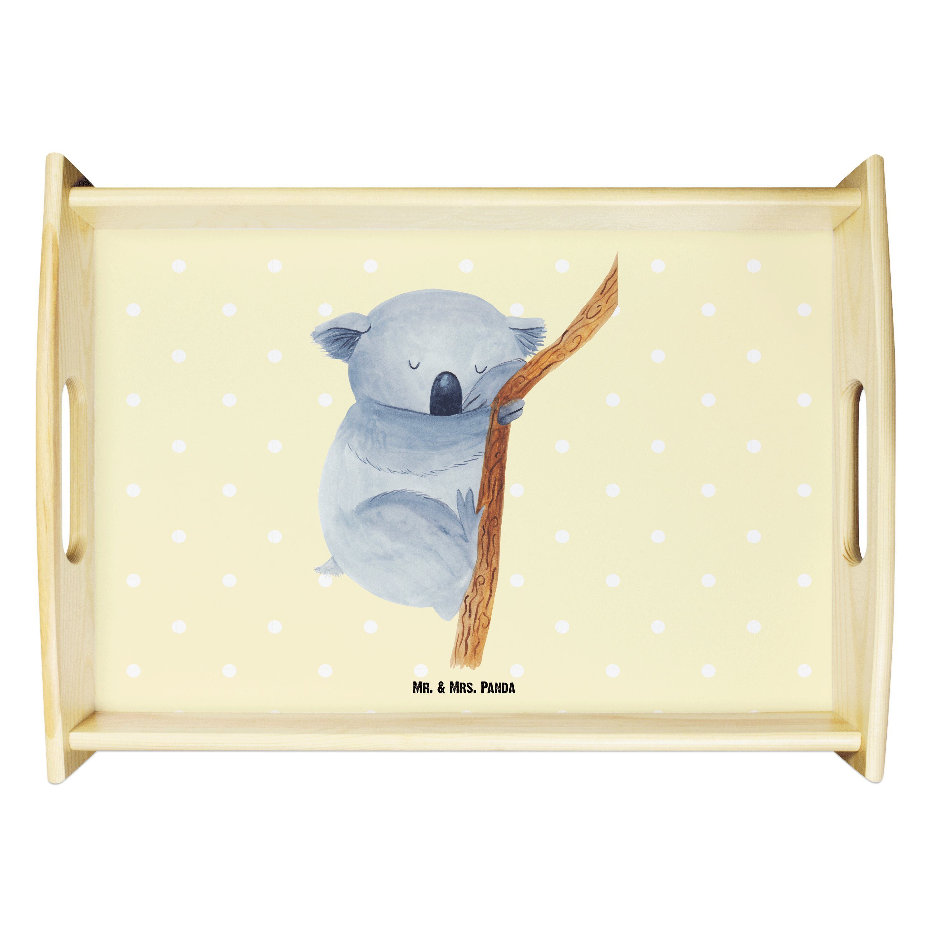 Mr. & Mrs. Panda Tablett Koalabär - Gelb Pastell - Geschenk, Tiermotive, Frühstückstablett, De, Echtholz lasiert, (1-tlg)